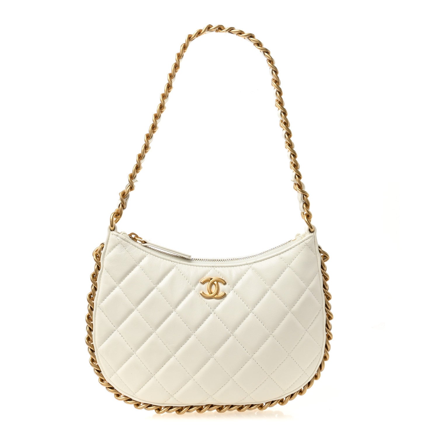 Shiny Crumpled Lambskin Quilted Trendy Chain Around Hobo White