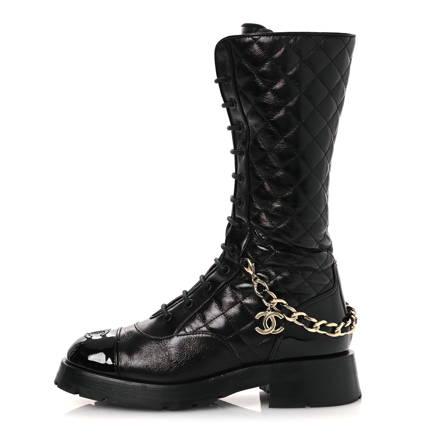 Shiny Calfskin Patent Quilted Chain Lace Up Combat Long Boots 37 Black