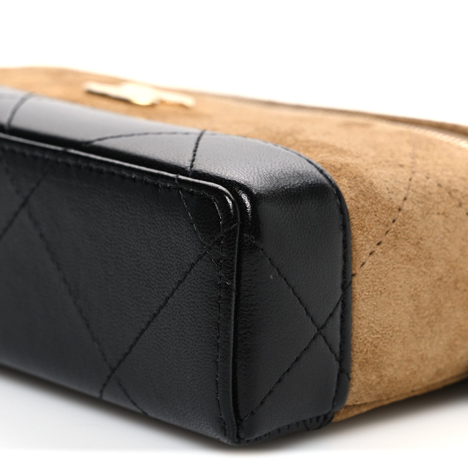 Suede Calfskin Shiny Lambskin Quilted Top Handle Slim Vanity Case With Chain Beige Black