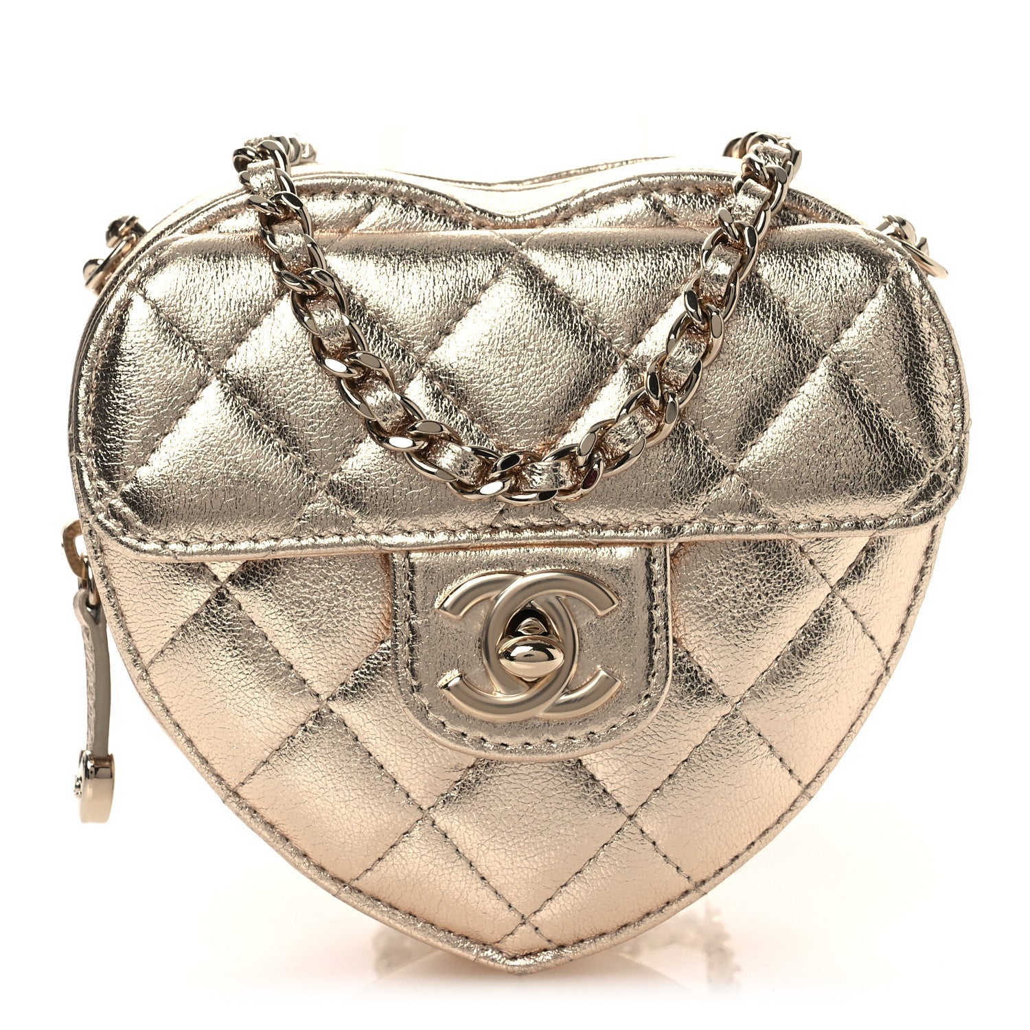 Metallic Lambskin Quilted CC In Love Heart Clutch With Chain Gold