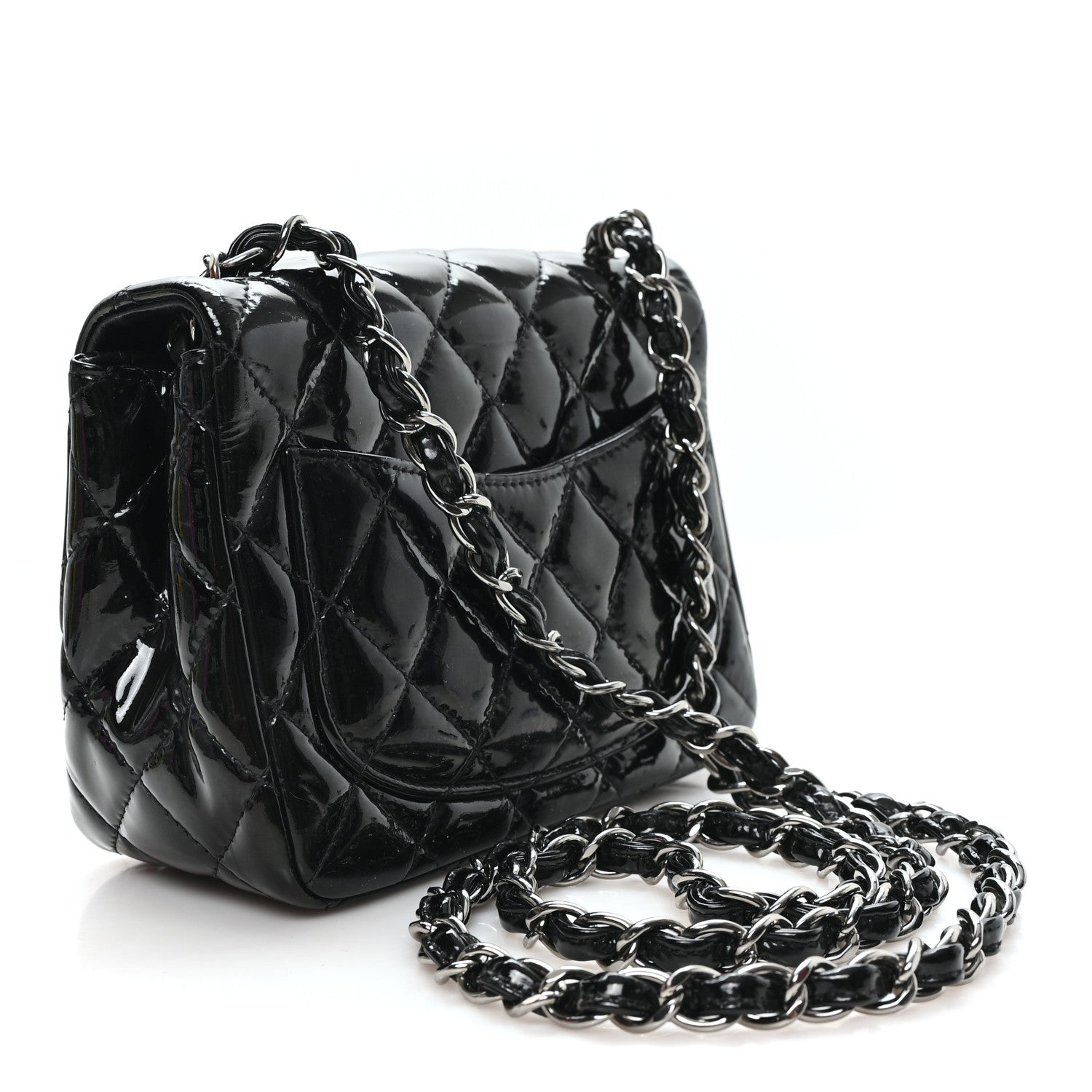 Patent Calfskin Quilted Mini Square Flap Black