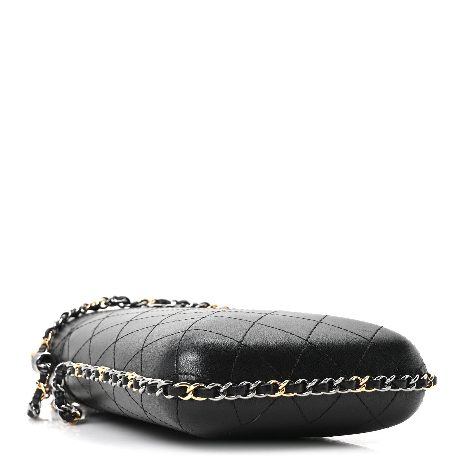 Lambskin Quilted Chain Around Phone Holder Black