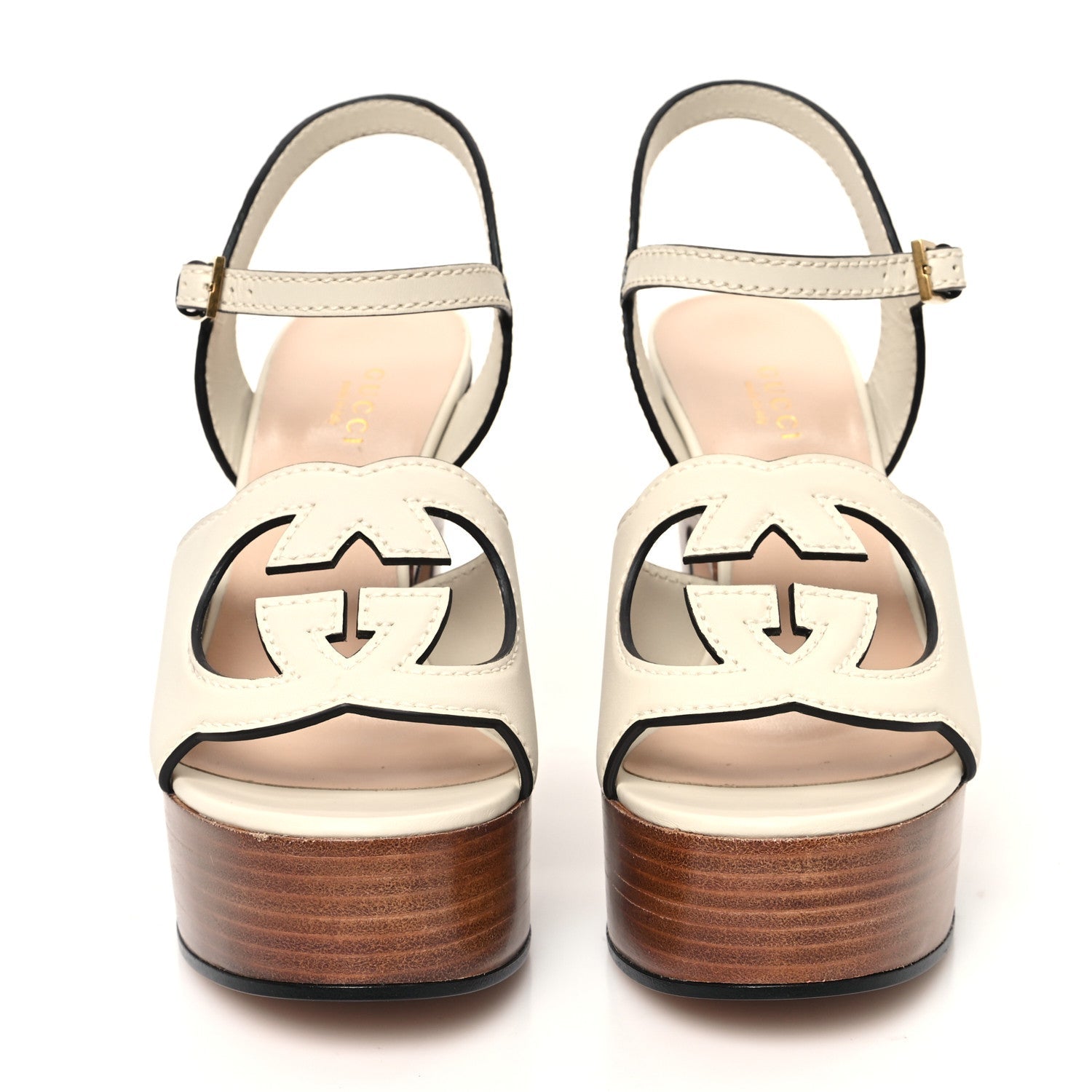 Cosmos Softy Calfskin Wooden Interlocking G Cut-Out 30/120mm Platform Sandals 36.5 Mystic White