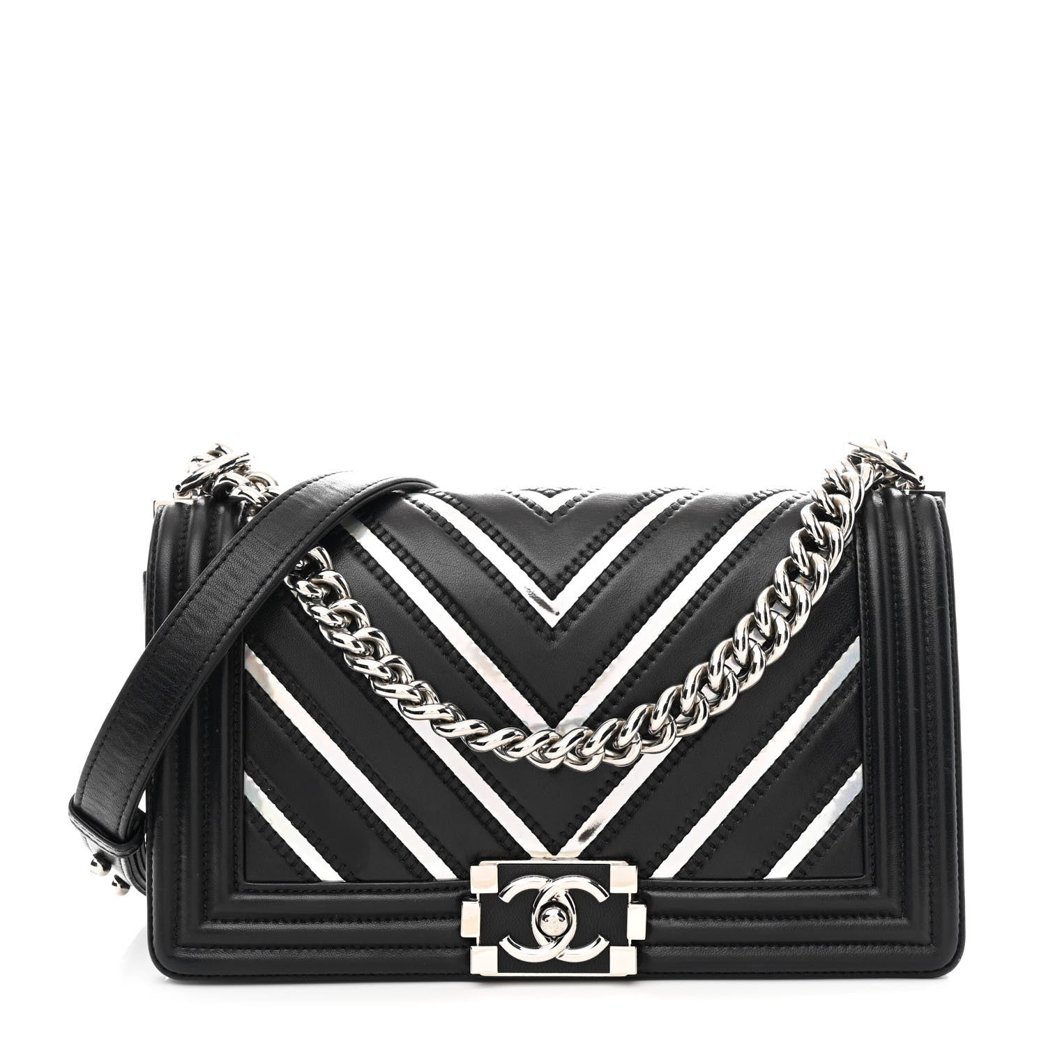 Lambskin Iridescent PVC Chevron Quilted Medium Boy Flap Black Silver