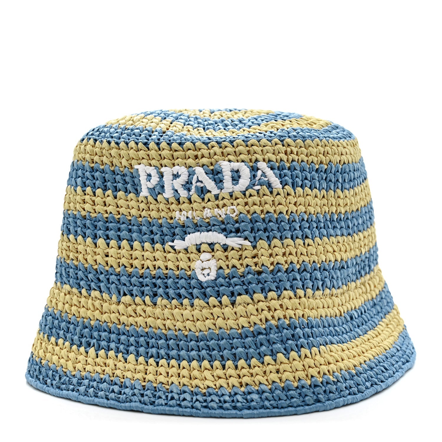 Raffia Striped Logo Embroidered Womens Bucket Hat M Naturale Cielo