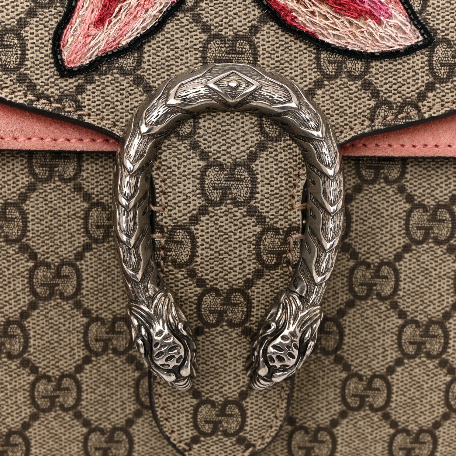 GG Supreme Monogram Crystal Floral Embroidered Medium Dionysus Shoulder Bag Beige Pink Beige Multicolor