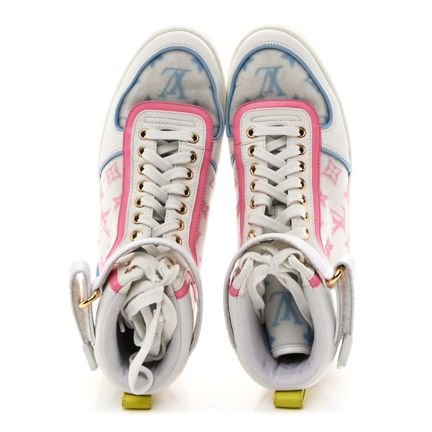 Calfskin Nylon Mesh Monogram Womens Boombox High Top Sneakers 37 Bleu Rose