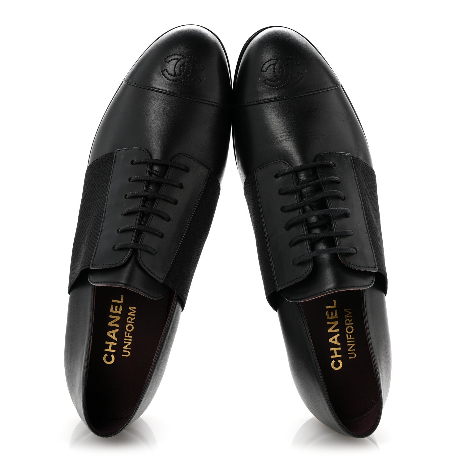 Calfskin Elastic Lace Up Cap Toe CC Loafers 40 Black