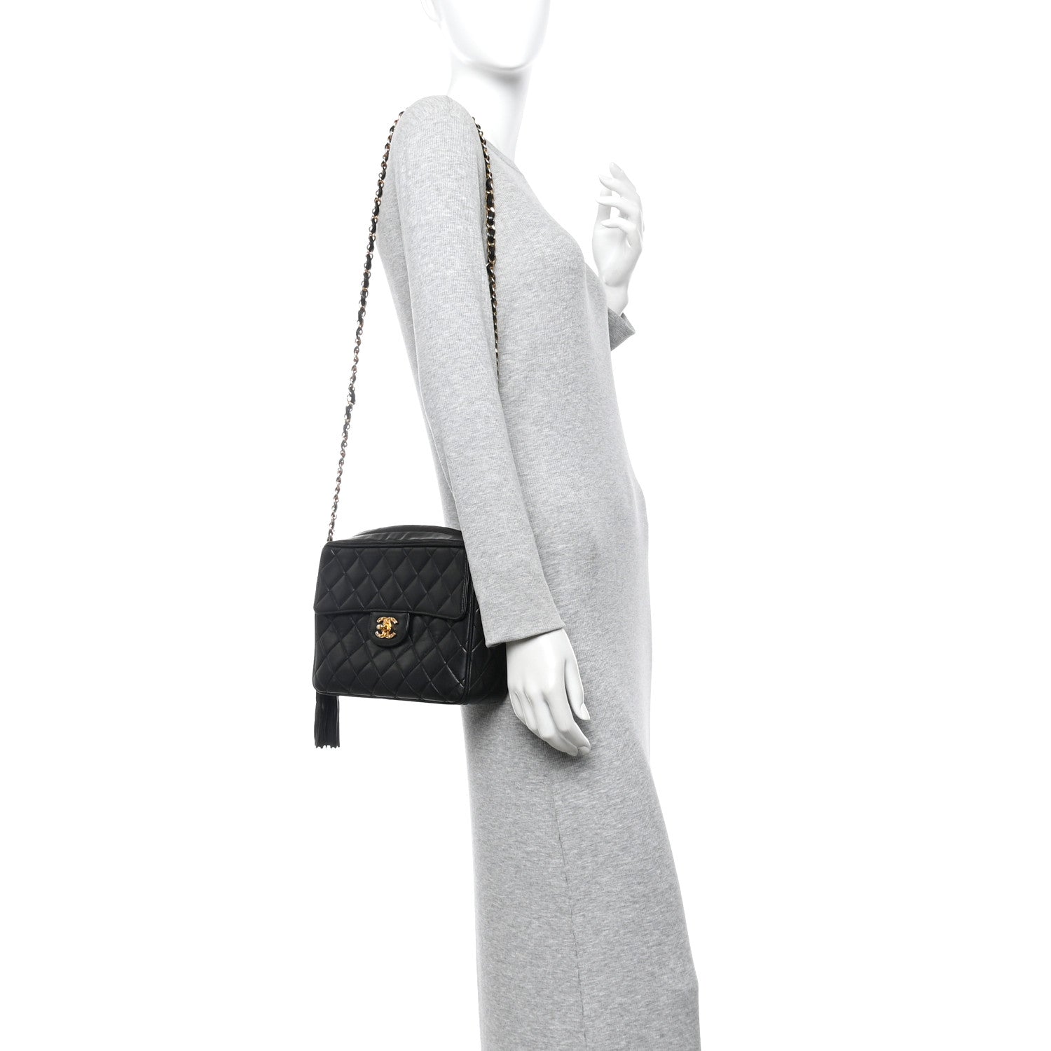 Lambskin Quilted Flap Camera Tassel Case Black