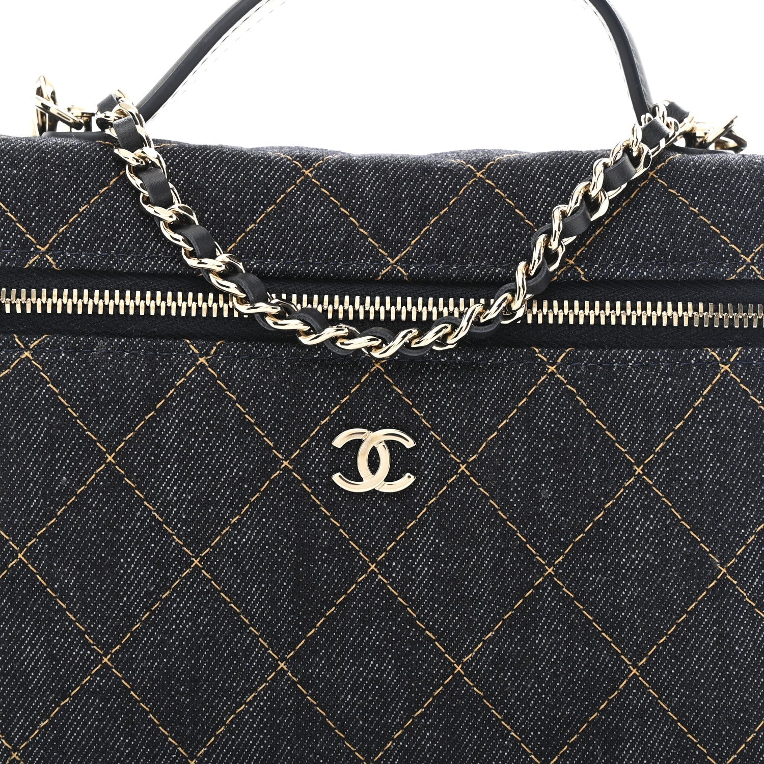 Denim Quilted Top Handle Slim Vanity Case With Chain Dark Blue Orange