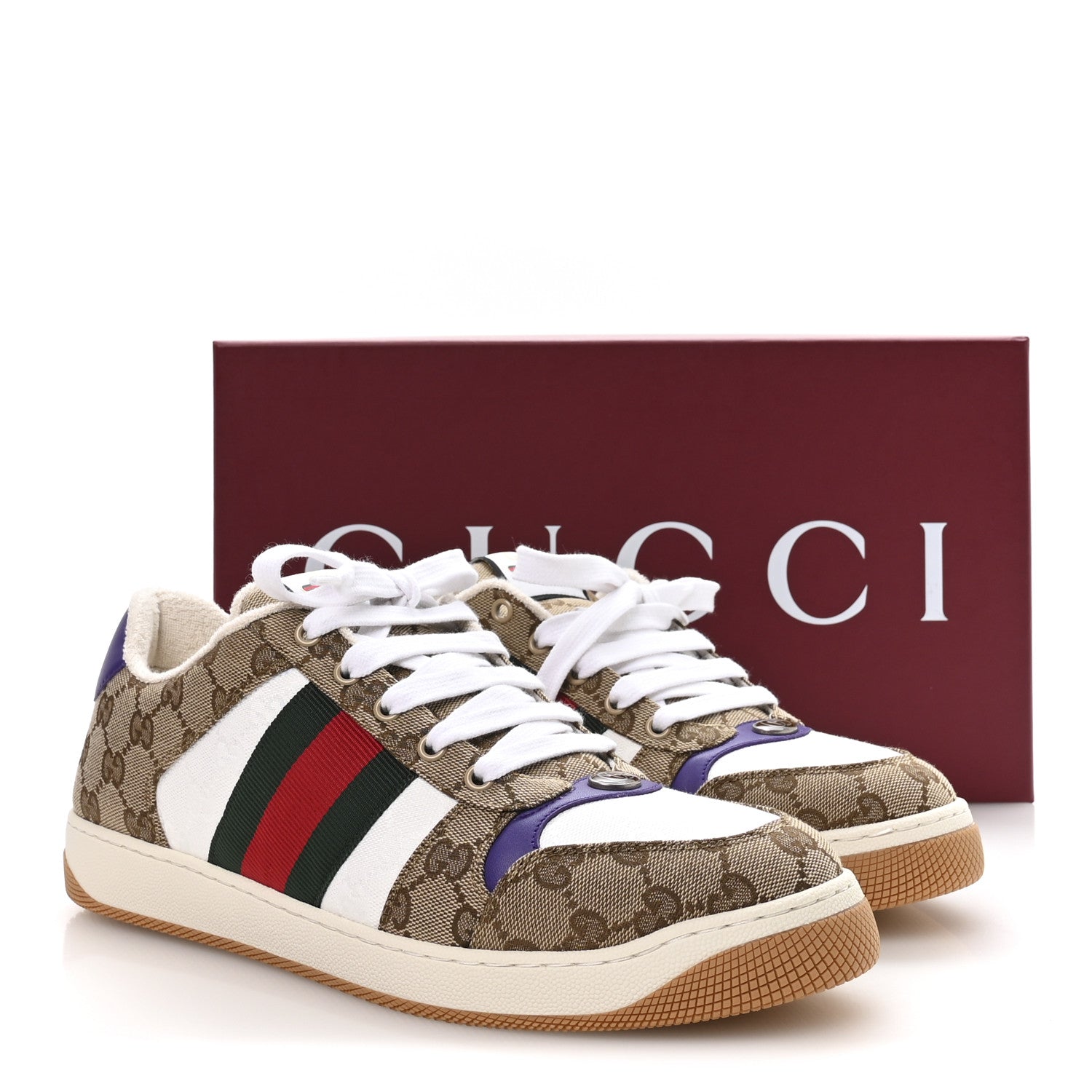 GG Supereme Monogram Calfskin Web Mens Screener Sneakers 10 Beige Ebony White Shine Purple