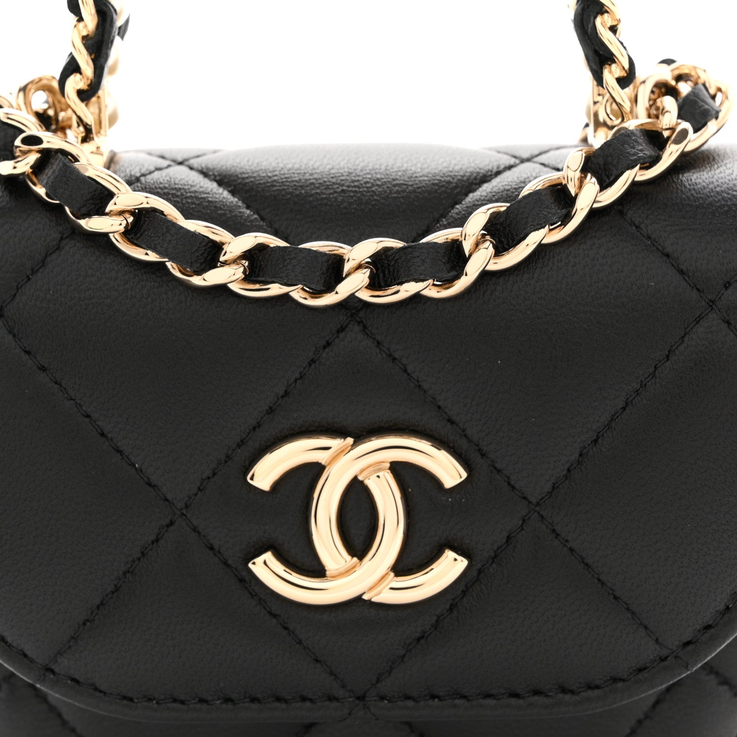 Lambskin Quilted Pearl Top Handle Clutch With Chain Black