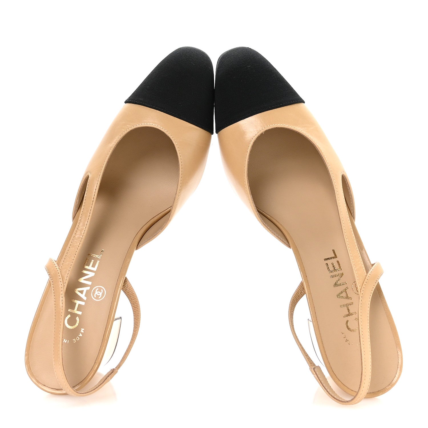 Goatskin Grosgrain Cap Toe CC Slingback Pumps 37.5 Beige Black