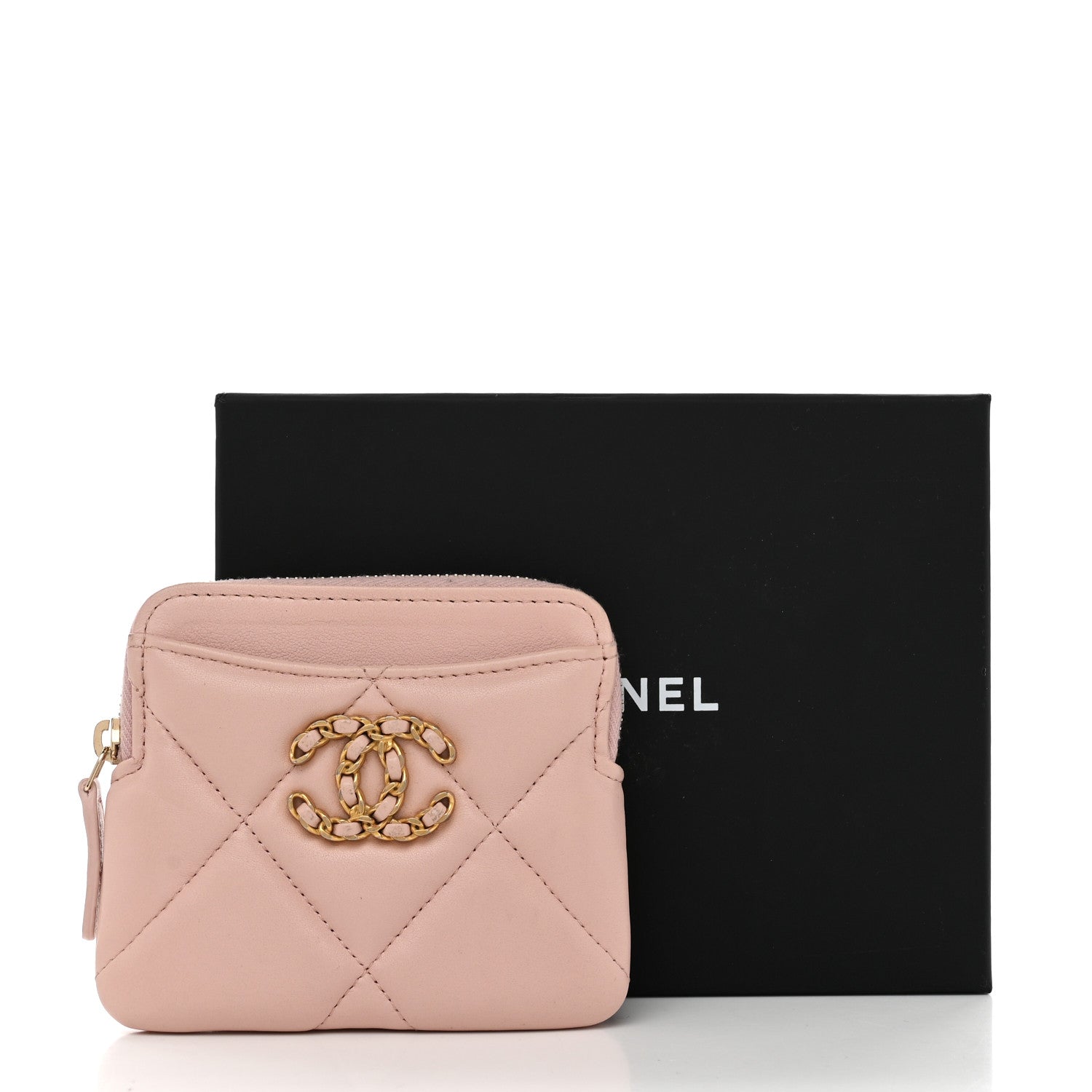 Quilted Chanel 19 Zip Card Holder Wallet Light Pink
