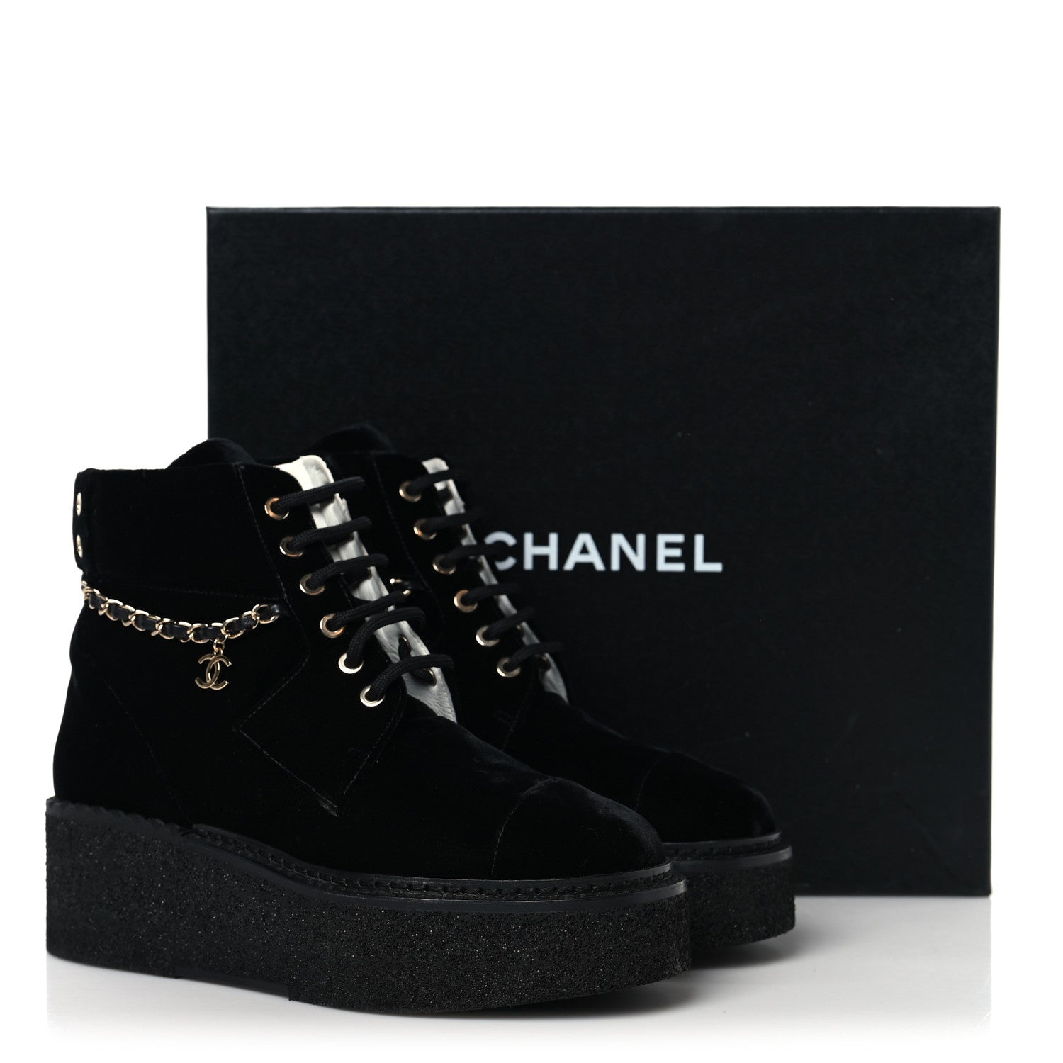 Velvet Chain Lace Up CC Short Boots 37 Black