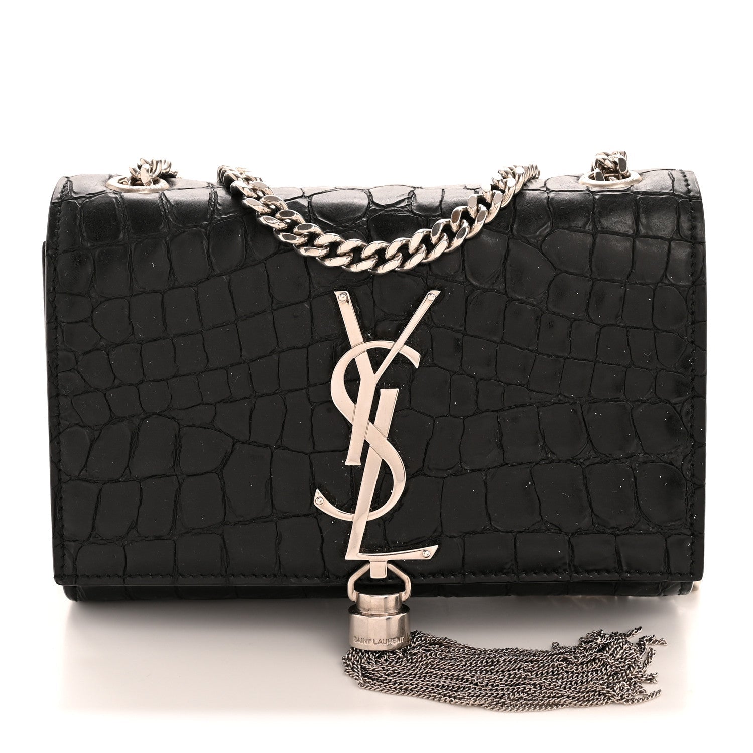 Calfskin Crocodile Embossed Small Classic Monogram Kate Tassel Satchel Black