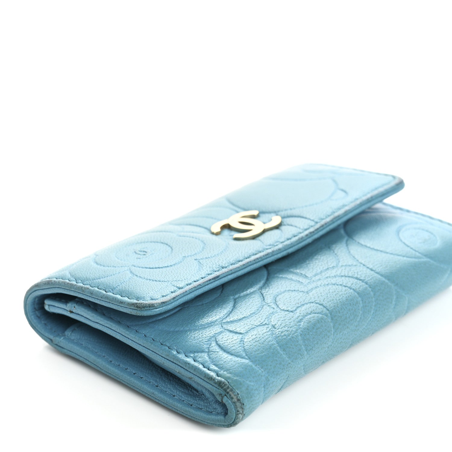 Lambskin Camellia Embossed Flap Card Holder Blue