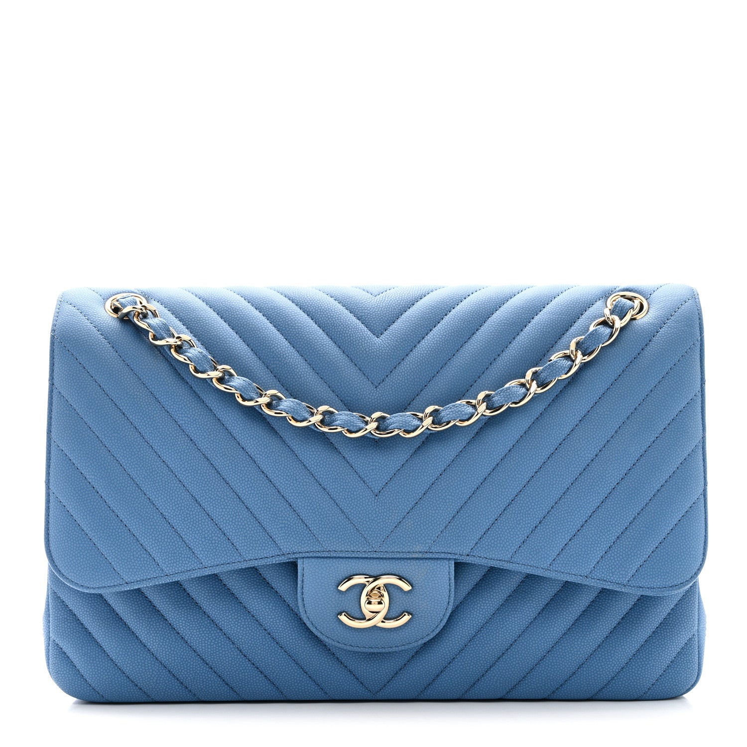 Caviar Flat Chevron Quilted Jumbo Double Flap Blue