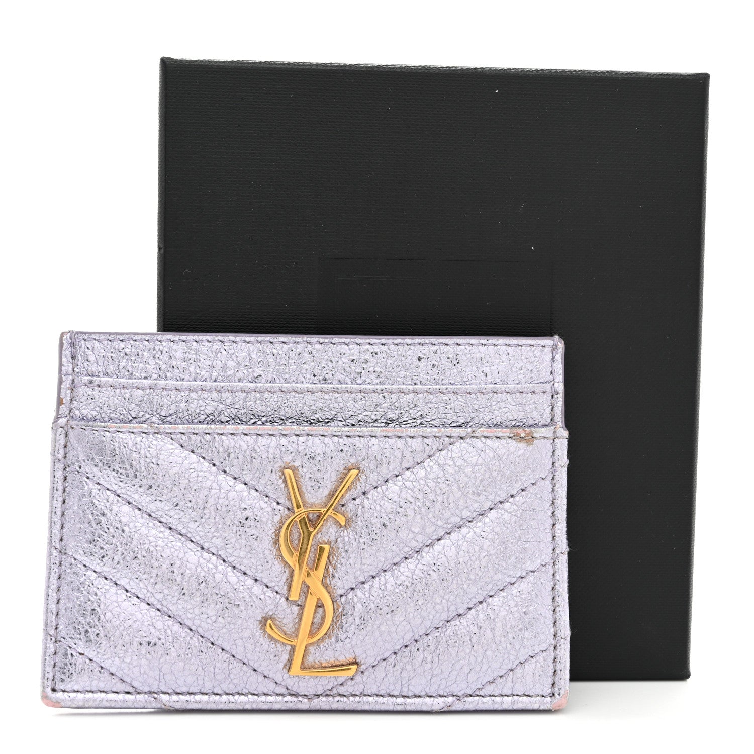 Metallic Crackled Calfskin Matelasse Chevron Monogram Credit Card Case Silver