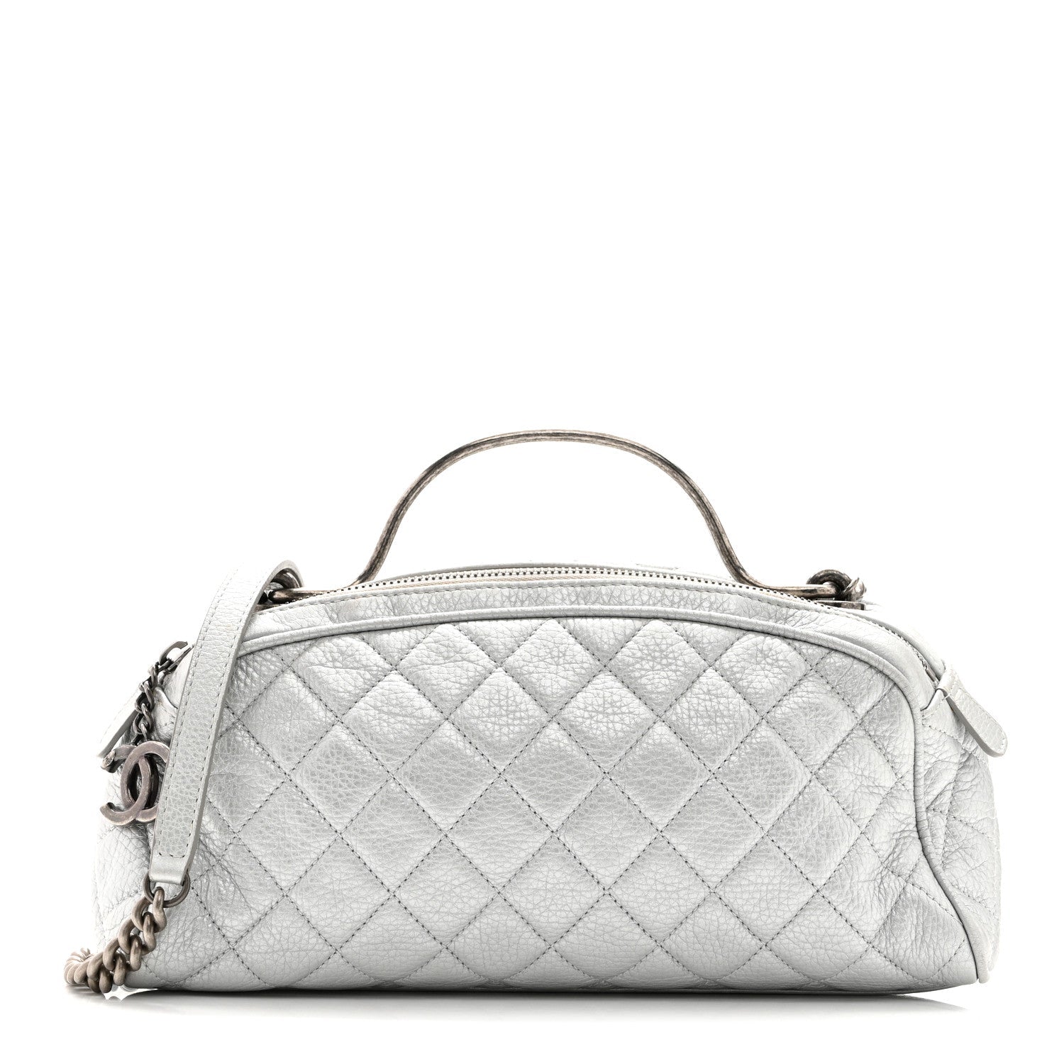 Metallic Calfskin Quilted Mini Bowling Bag Silver