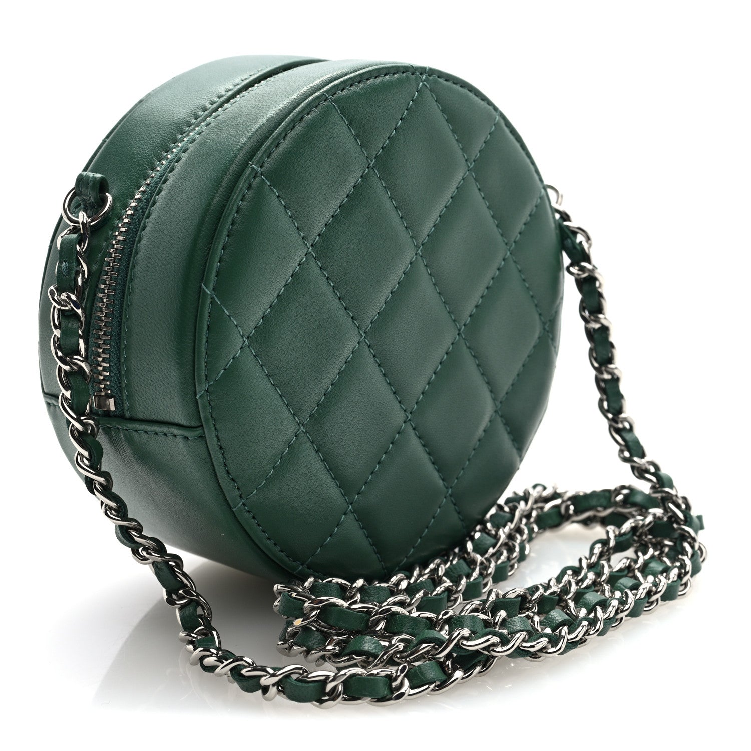 Lambskin Quilted Round Clutch With Chain Green