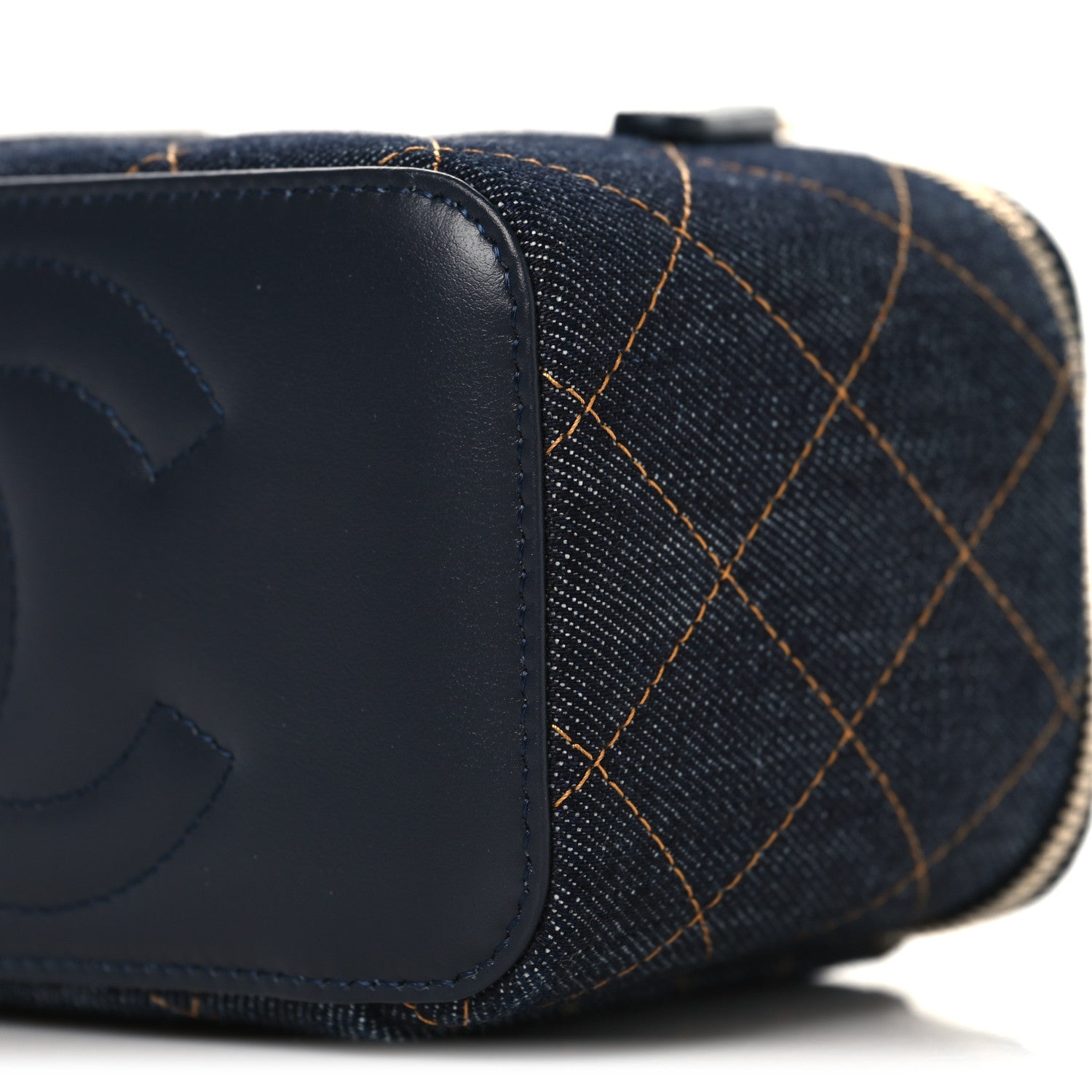 Denim Quilted Vanity Case With Chain Dark Blue