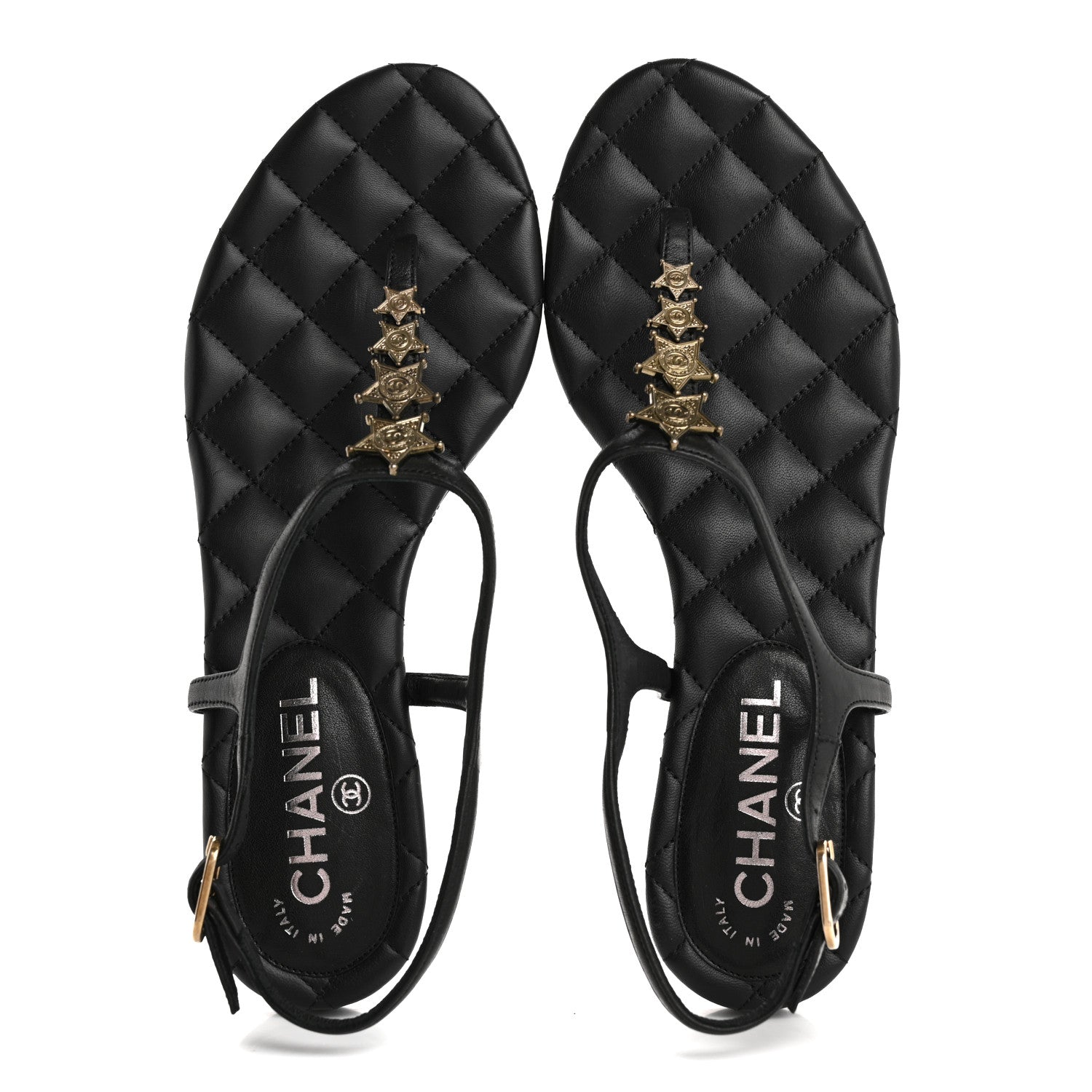Calfskin Paris Dallas Quilted Star CC Thong Sandals 37 Black
