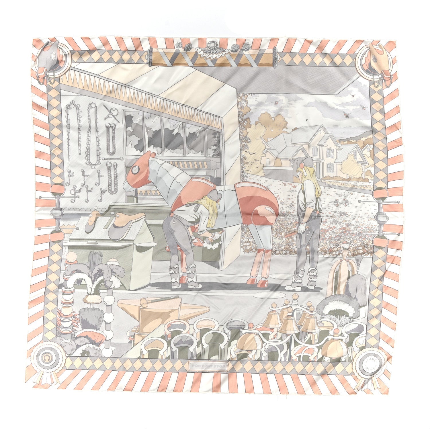 Silk Pony Pit Stop Double Face Scarf 90 Rose Poudre Gris White