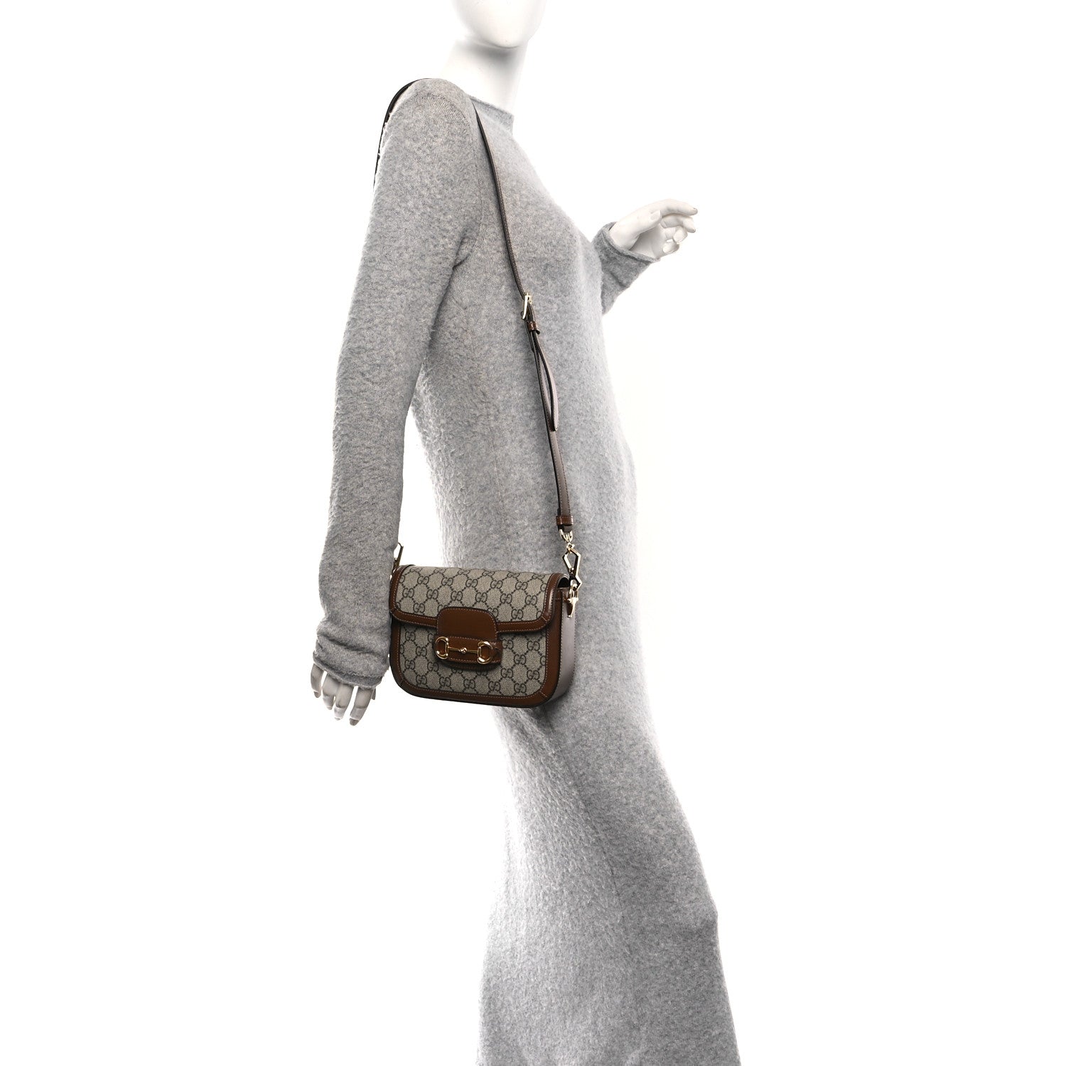 GG Supreme Monogram Web Mini Horsebit 1955 Shoulder Bag Beige Brown Sugar