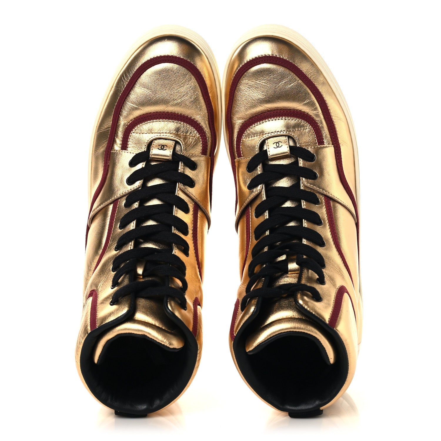 Metallic Satin Lambskin Mens Logo High Top Sneakers 45 Gold Burgundy