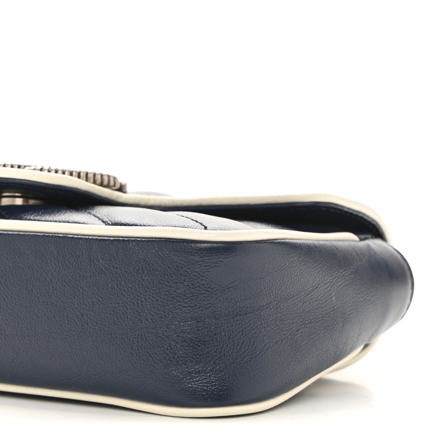 Vintage Effect Calfskin Matelasse Diagonal Super Mini Torchon GG Marmont Shoulder Bag Blue Agata Mystic White