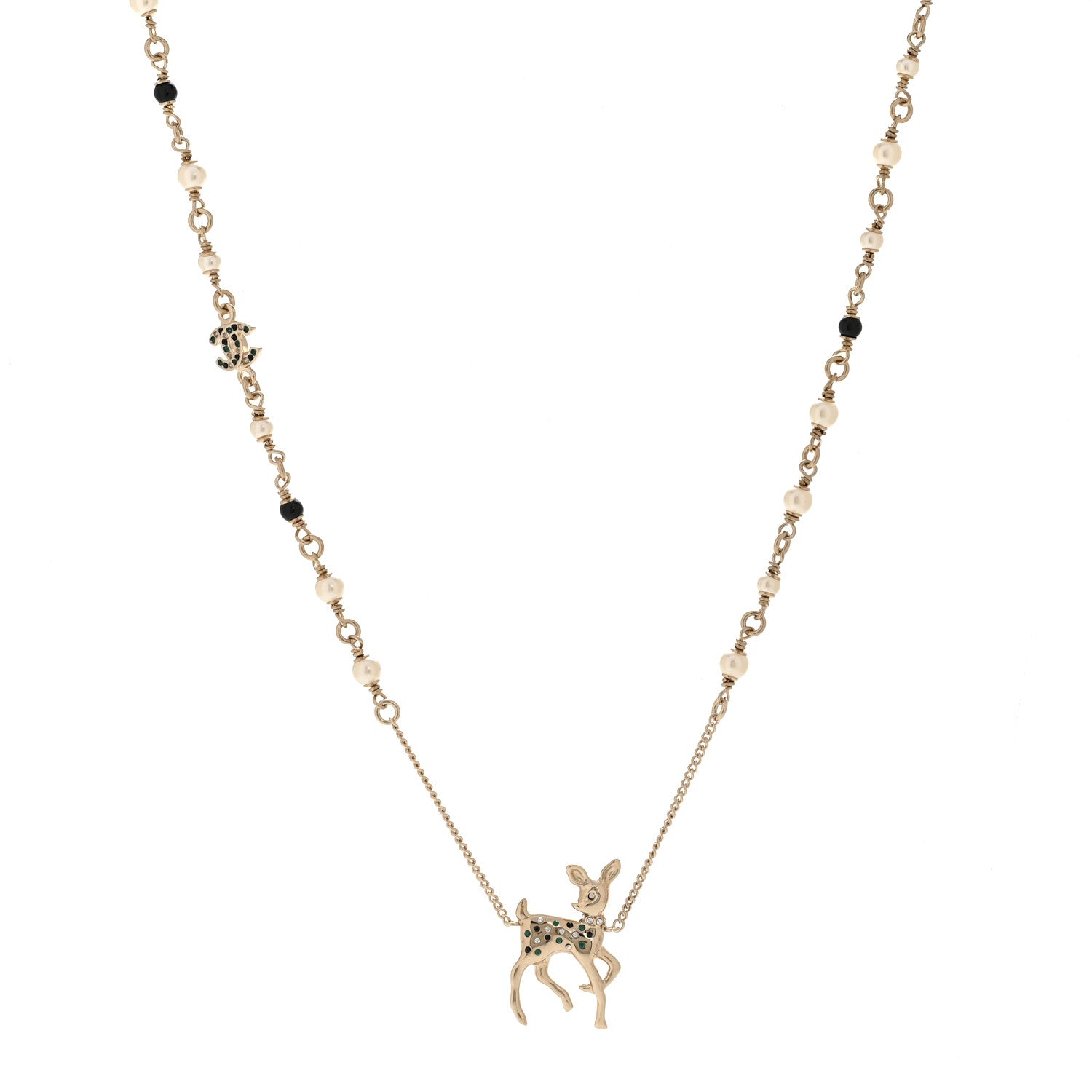 Pearl Crystal CC Deer Long Necklace Gold Green