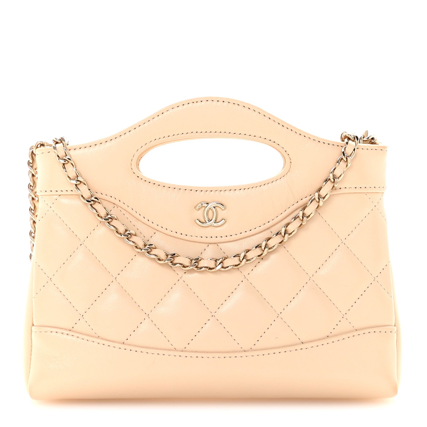 Shiny Crumpled Calfskin Quilted Nano 31 Shopping Bag Beige