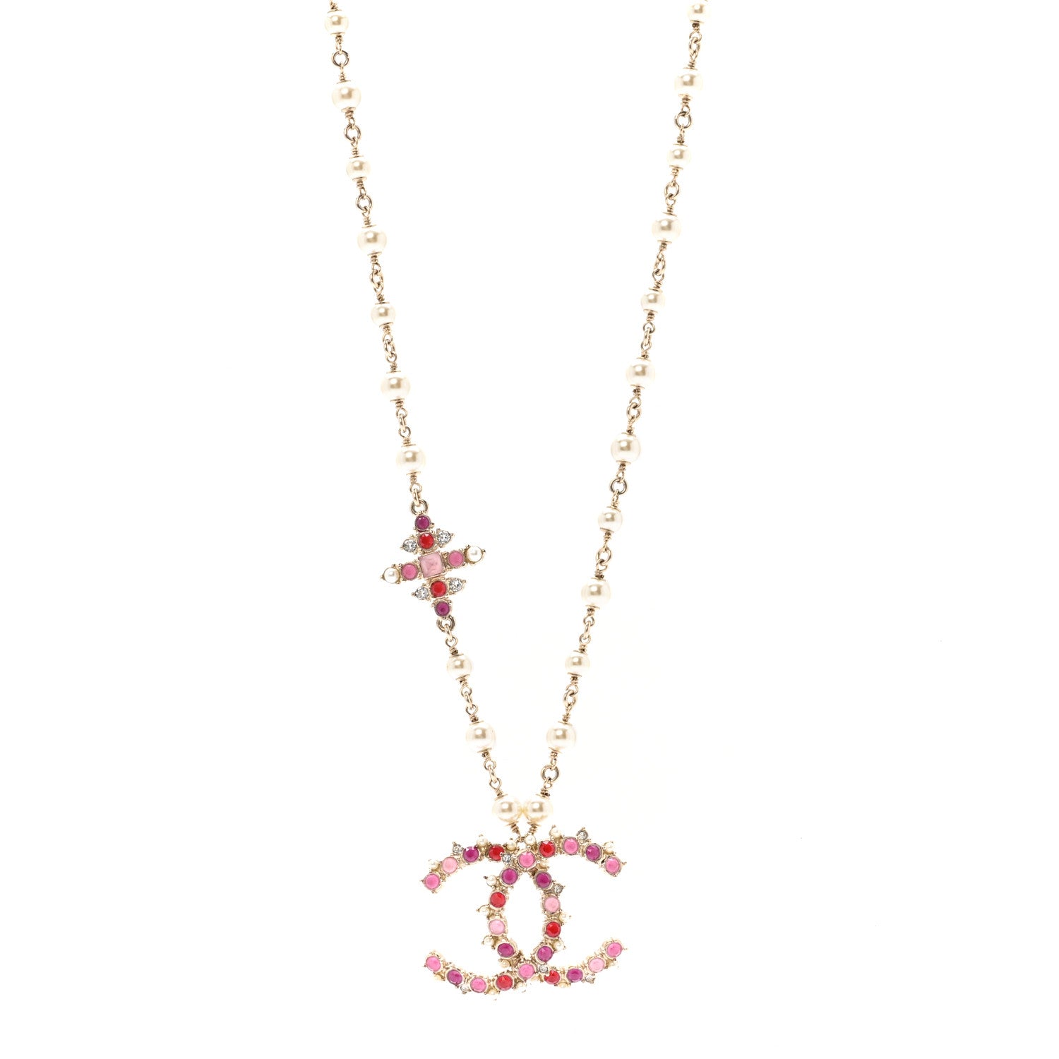 Pearl Crystal Beaded CC Pendant Necklace Gold Pink