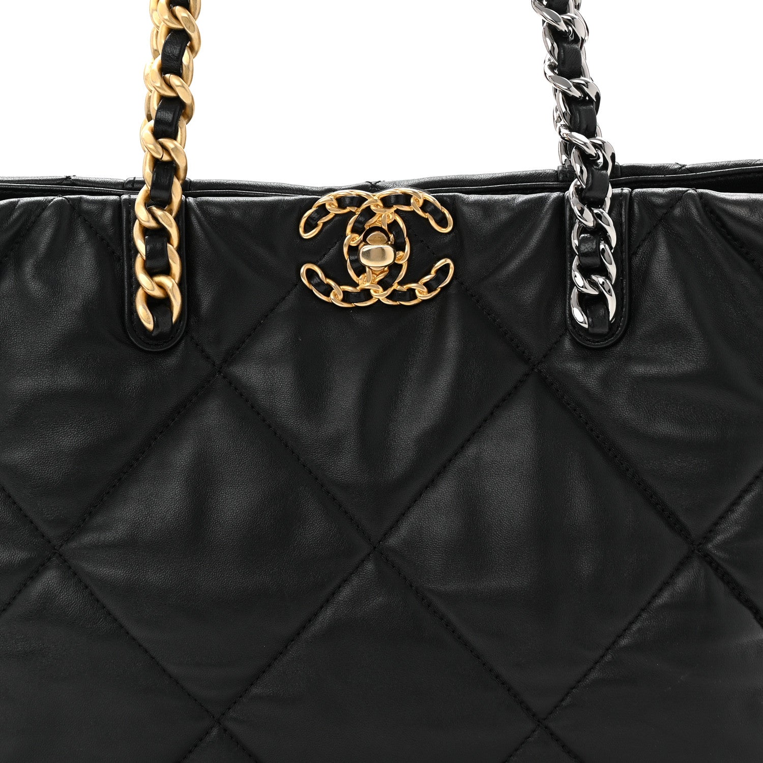 Lambskin Quilted Chanel 19 East West Shopping Bag Black