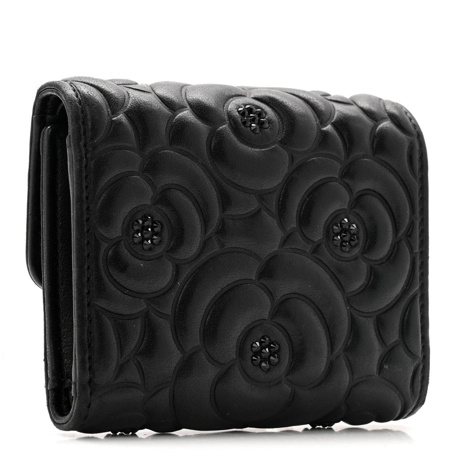 Lambskin Crystal Camellia Embossed Small Double Wallet Black