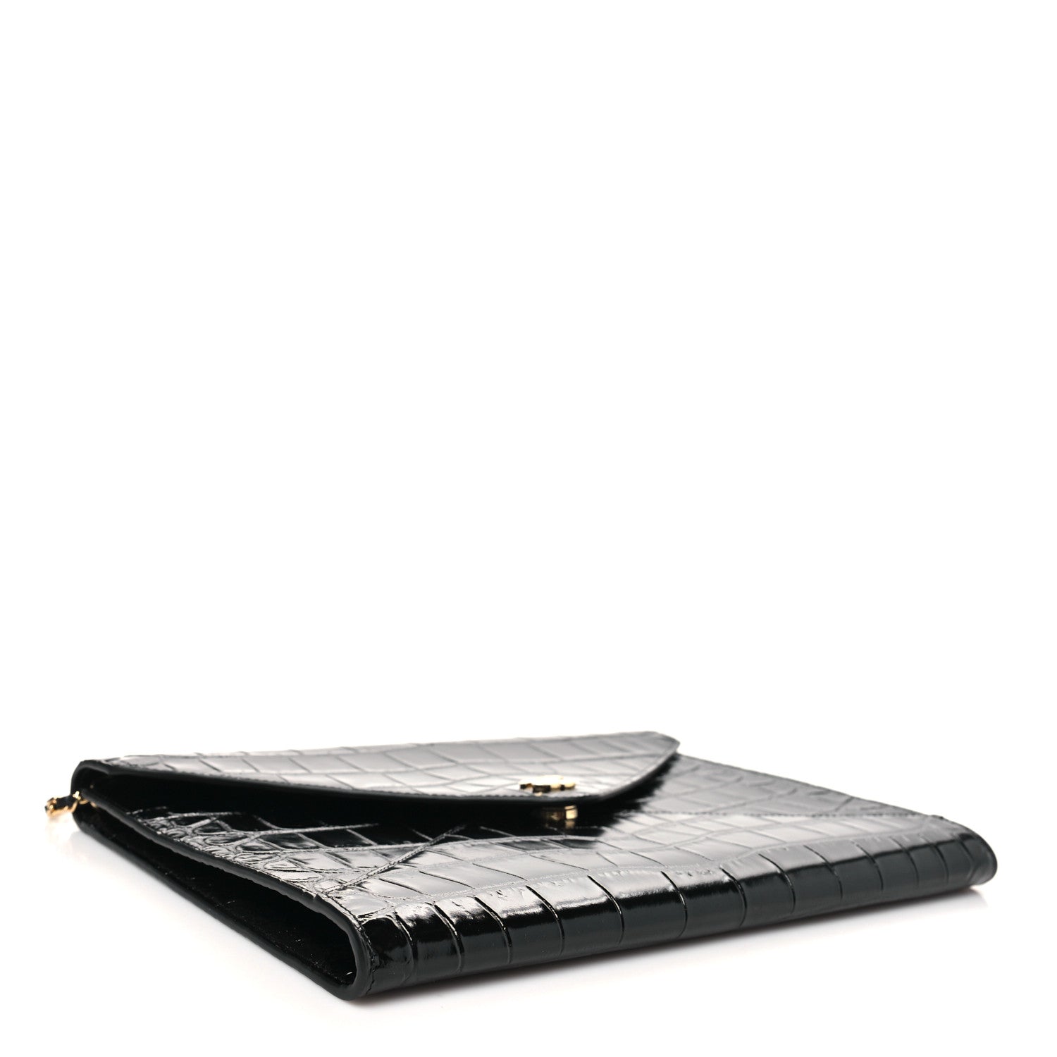 Calfskin Crocodile Embossed Croc Illusion Clutch With Chain  Black