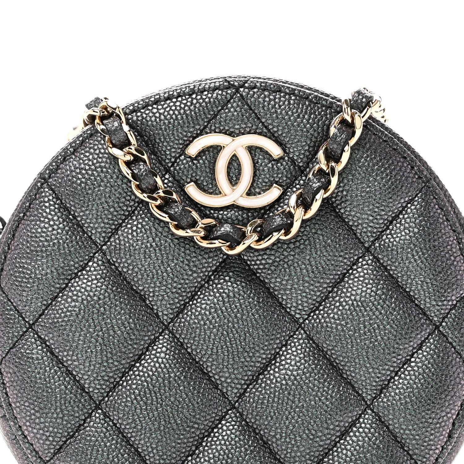 Iridescent Caviar Quilted Round Clutch With Chain Black