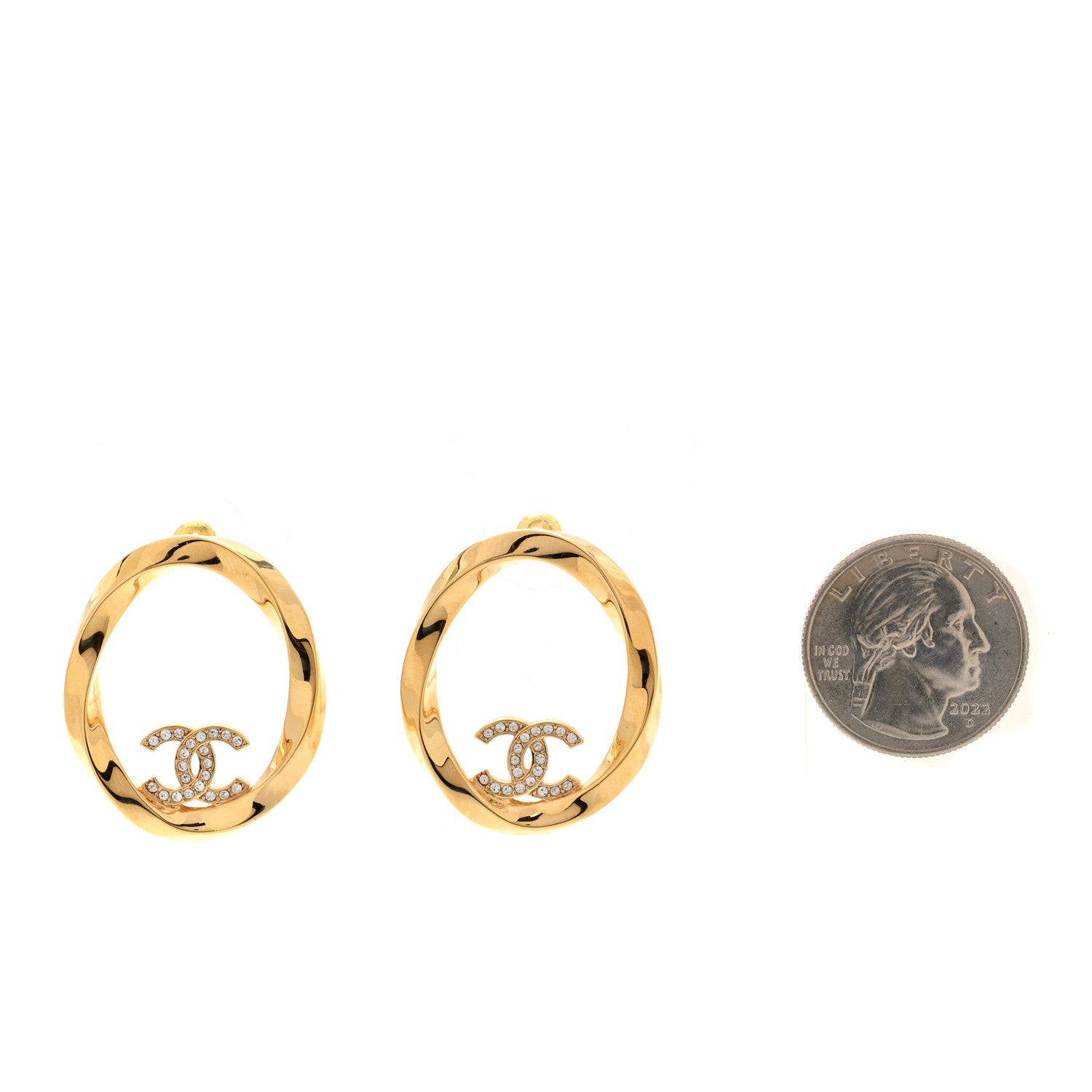 Metal Crystal Studded CC Round Earrings Gold