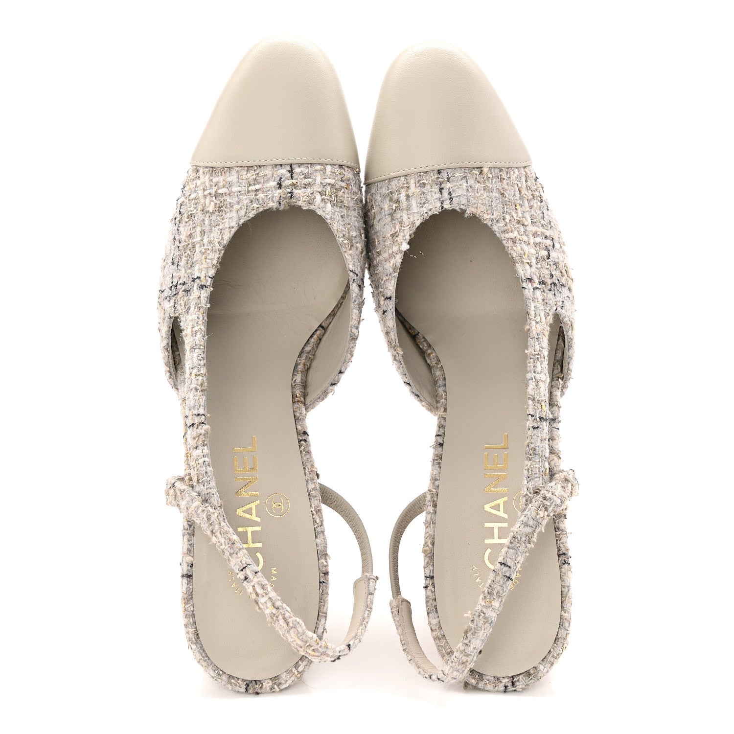Wool Cotton Tweed Lambskin Cap Toe CC Slingback Pumps 39.5 Grey Black Gold