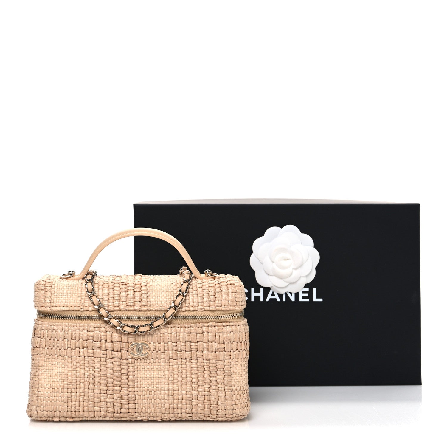 Braided Raffia Quilted Top Handle Slim Vanity Case With Chain Beige