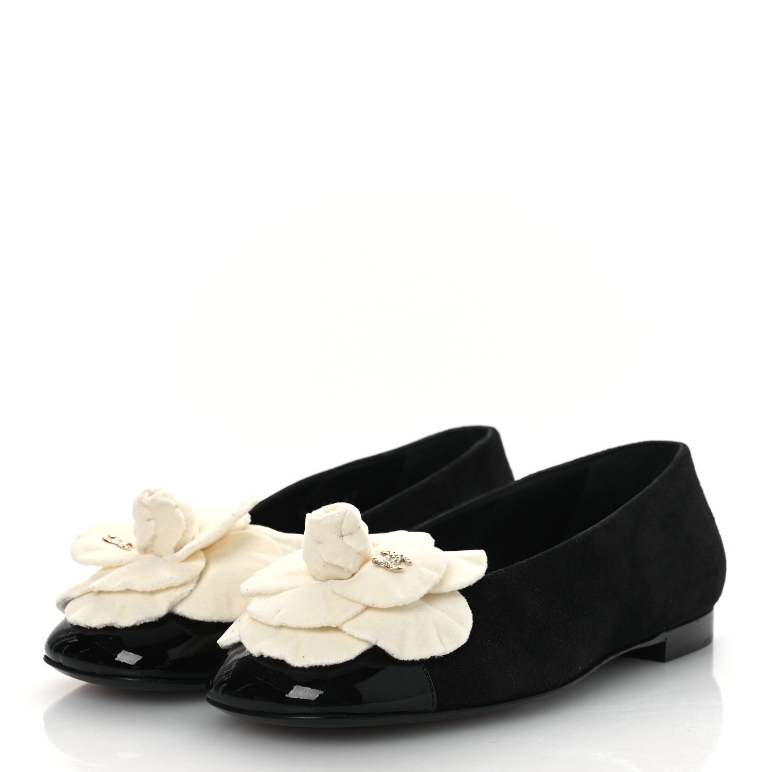 Suede Patent Cap Toe Camellia Ballerina Flats 36.5 Black White