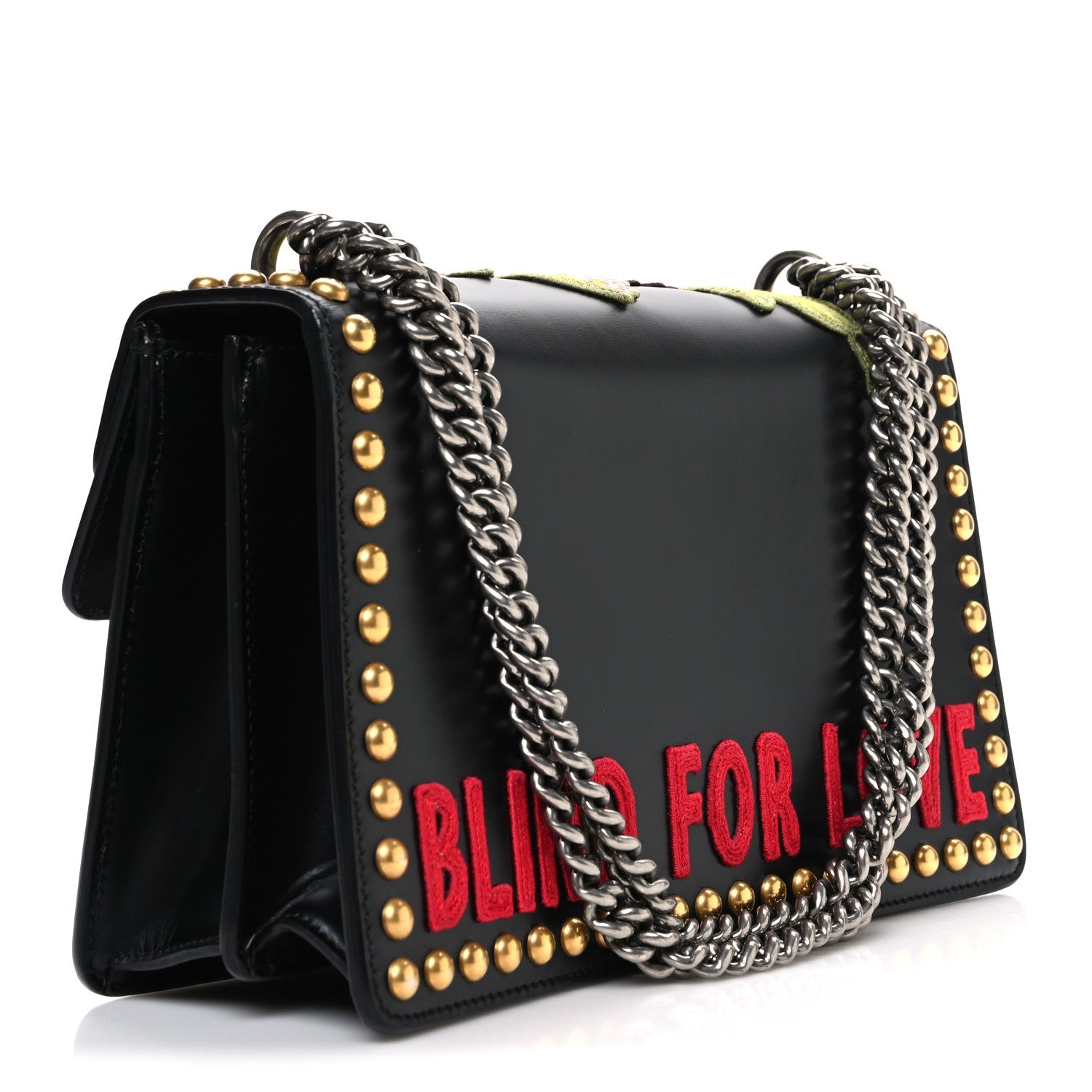 Calfskin Floral Embroidered Studded Small Dionysus Shoulder Bag Black