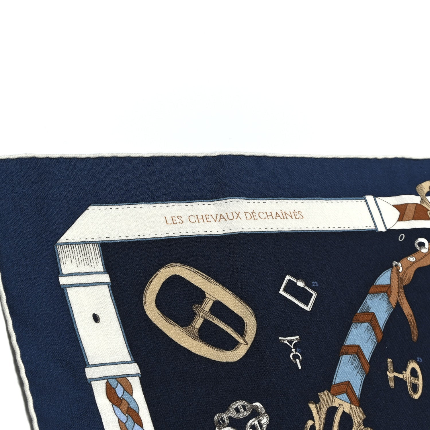 Cashmere Silk Chevaux Dechaines Shawl 140 Marine Fonce White Noisette