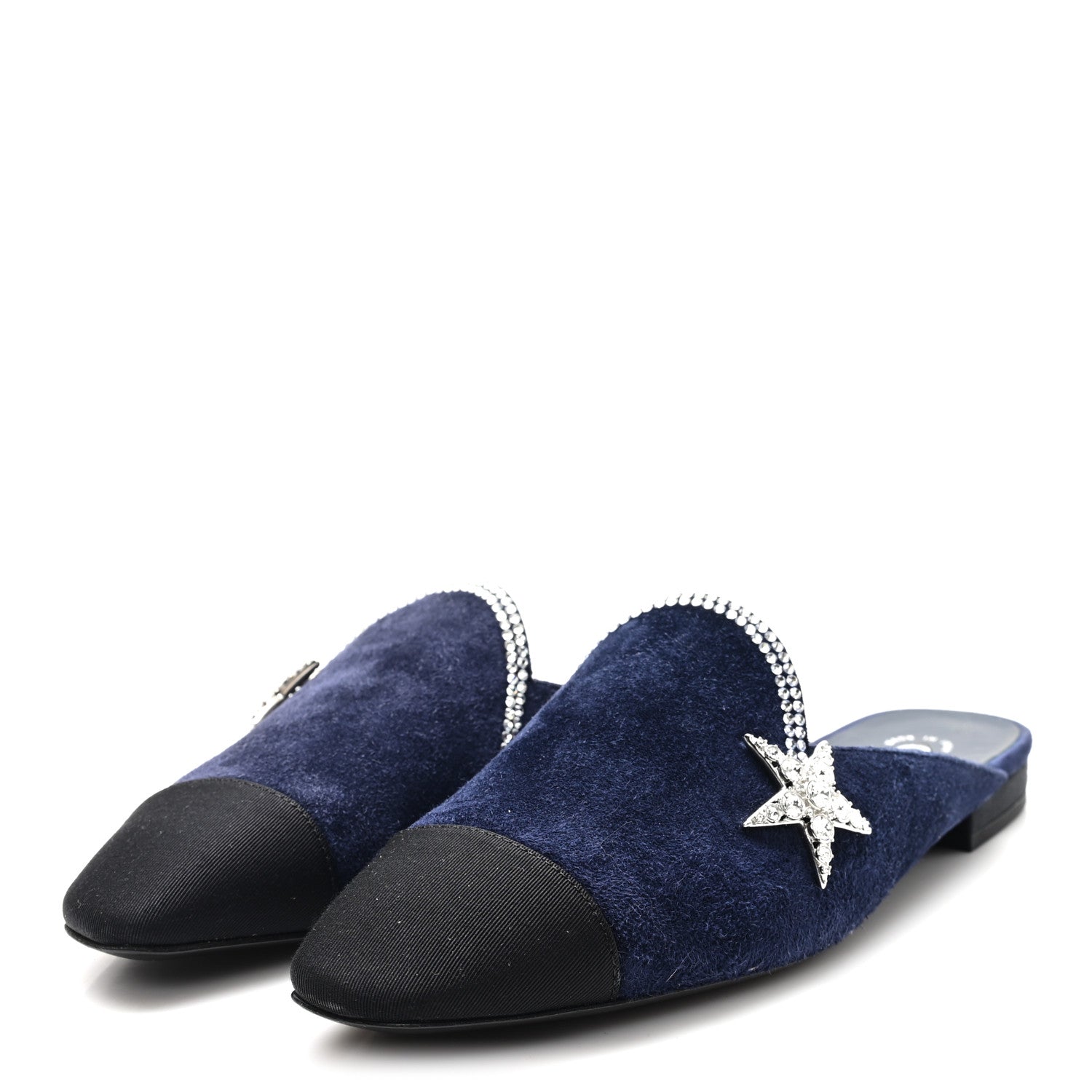 Suede Calfskin Grosgrain Crystal CC Star Mules  37.5 Blue Black