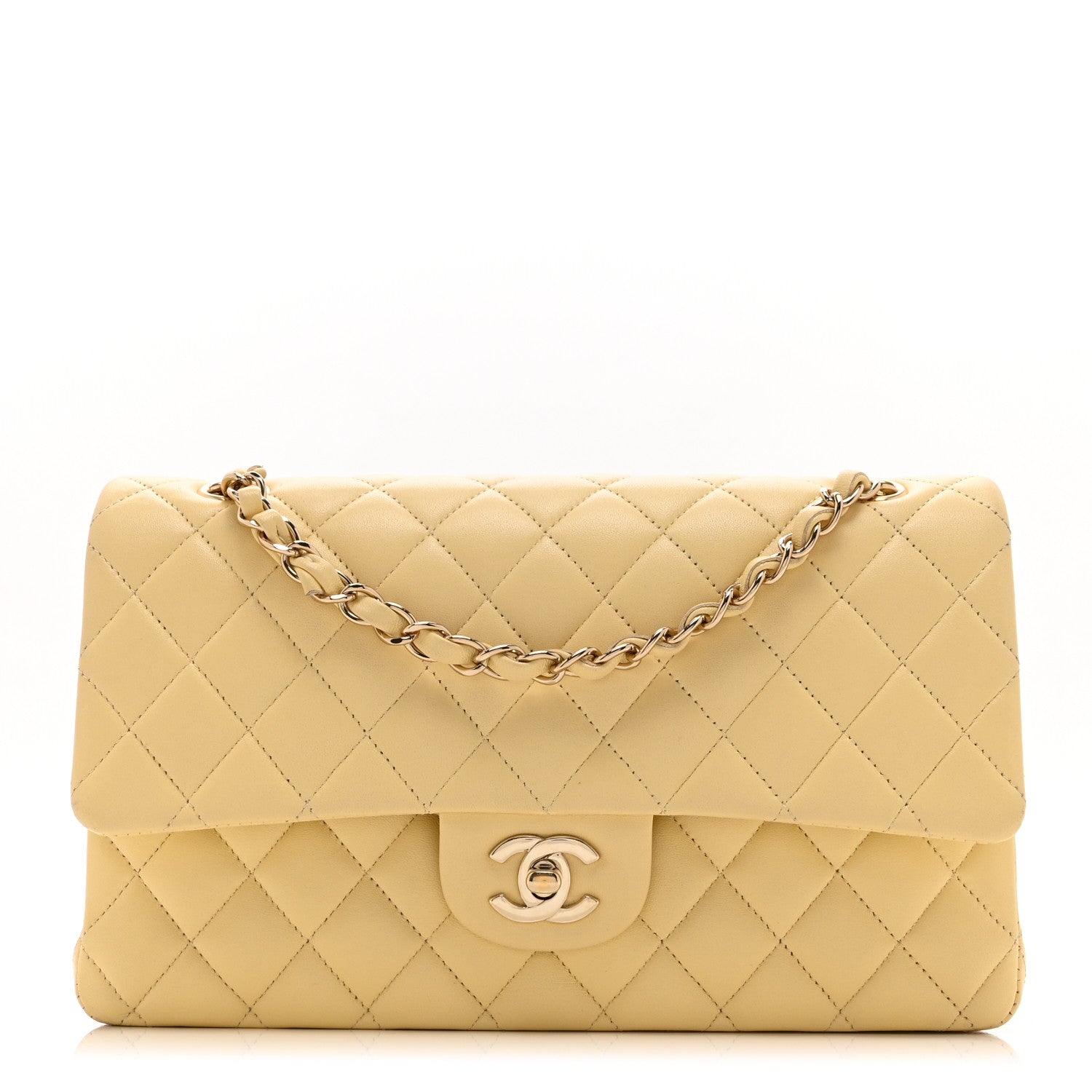 Lambskin Quilted Medium Double Flap Yellow