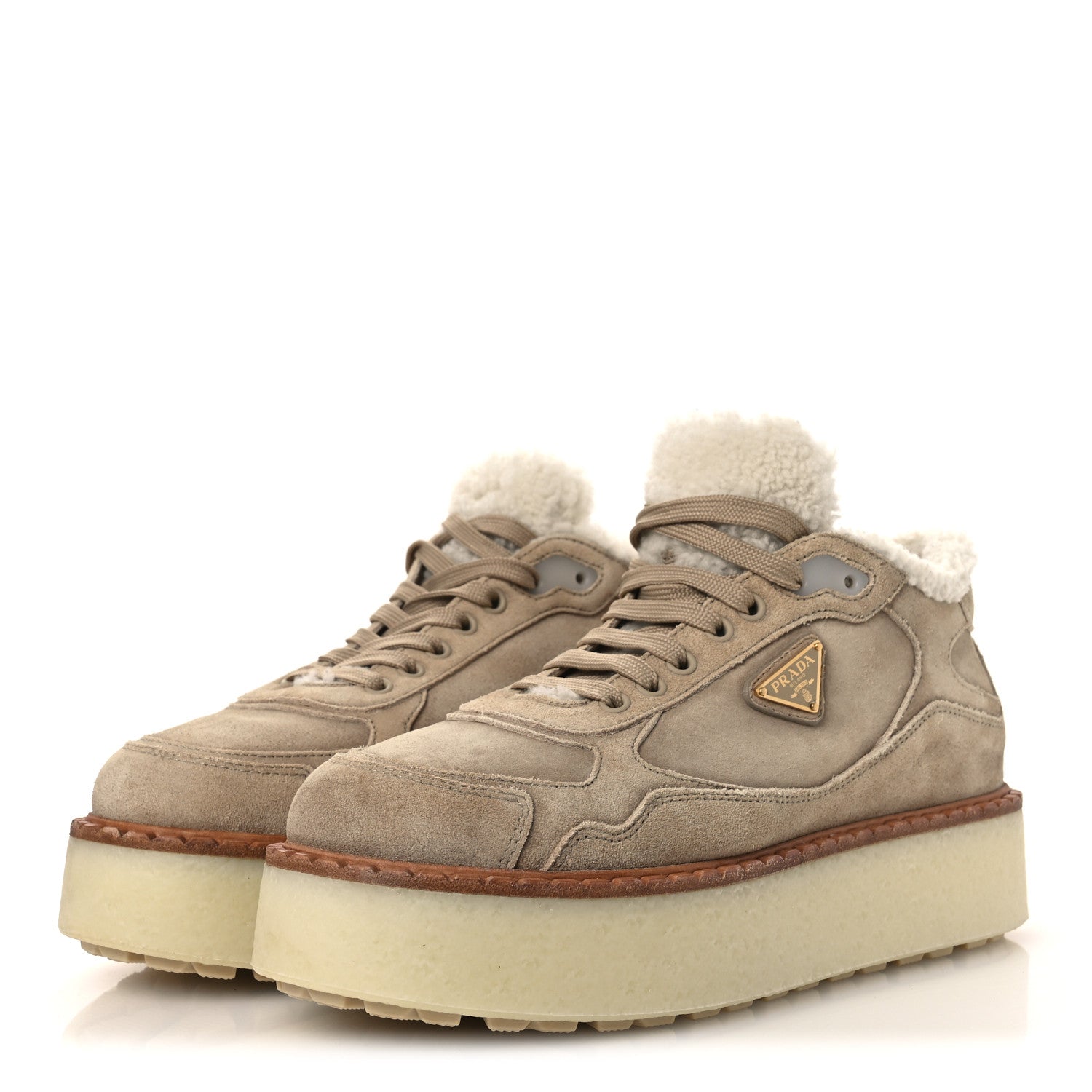 Suede Shearling Mid Top Sneakers 41 Ecru
