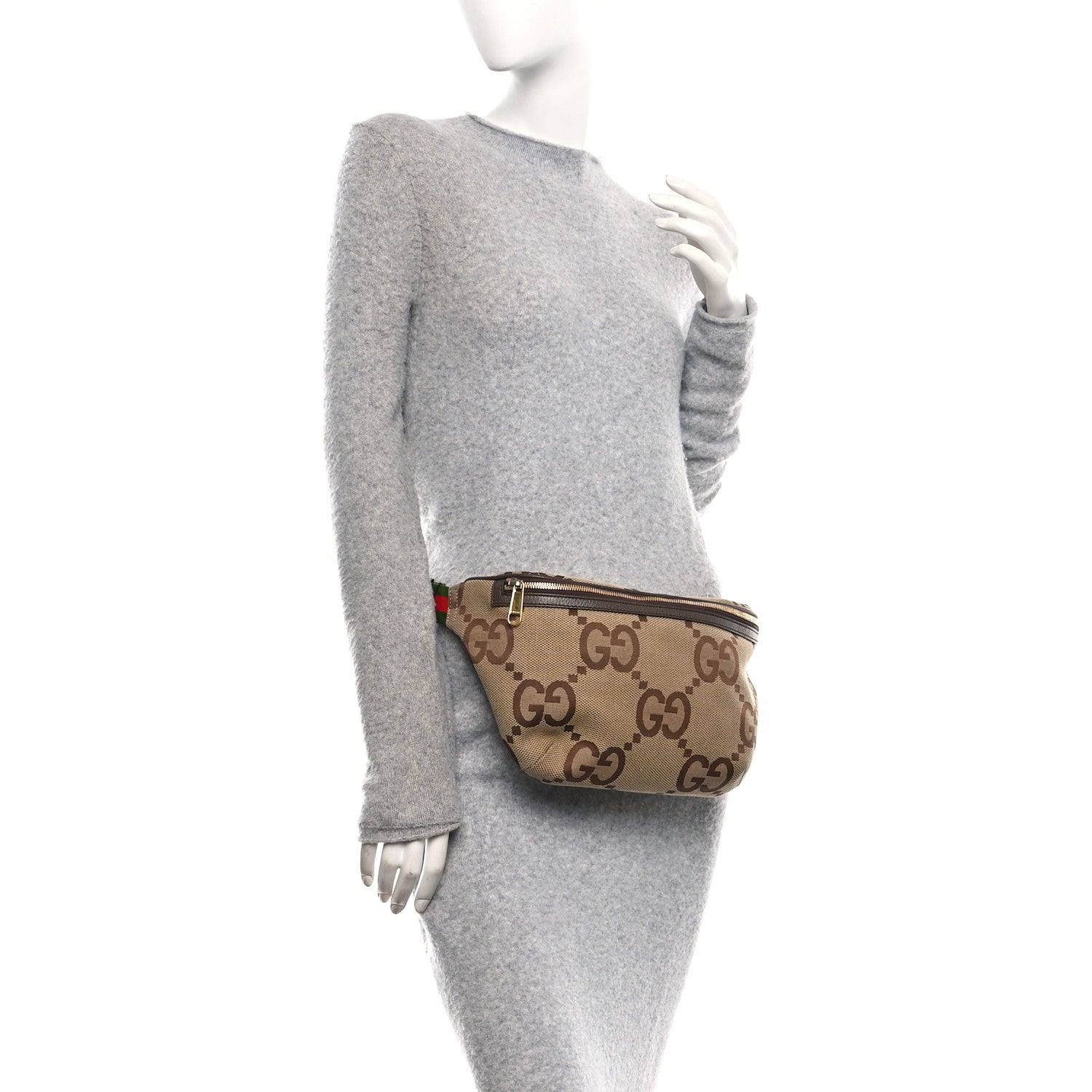 Monogram Jumbo GG Textured Dollar Calfskin Web Belt Bag Camel Ebony New Acero