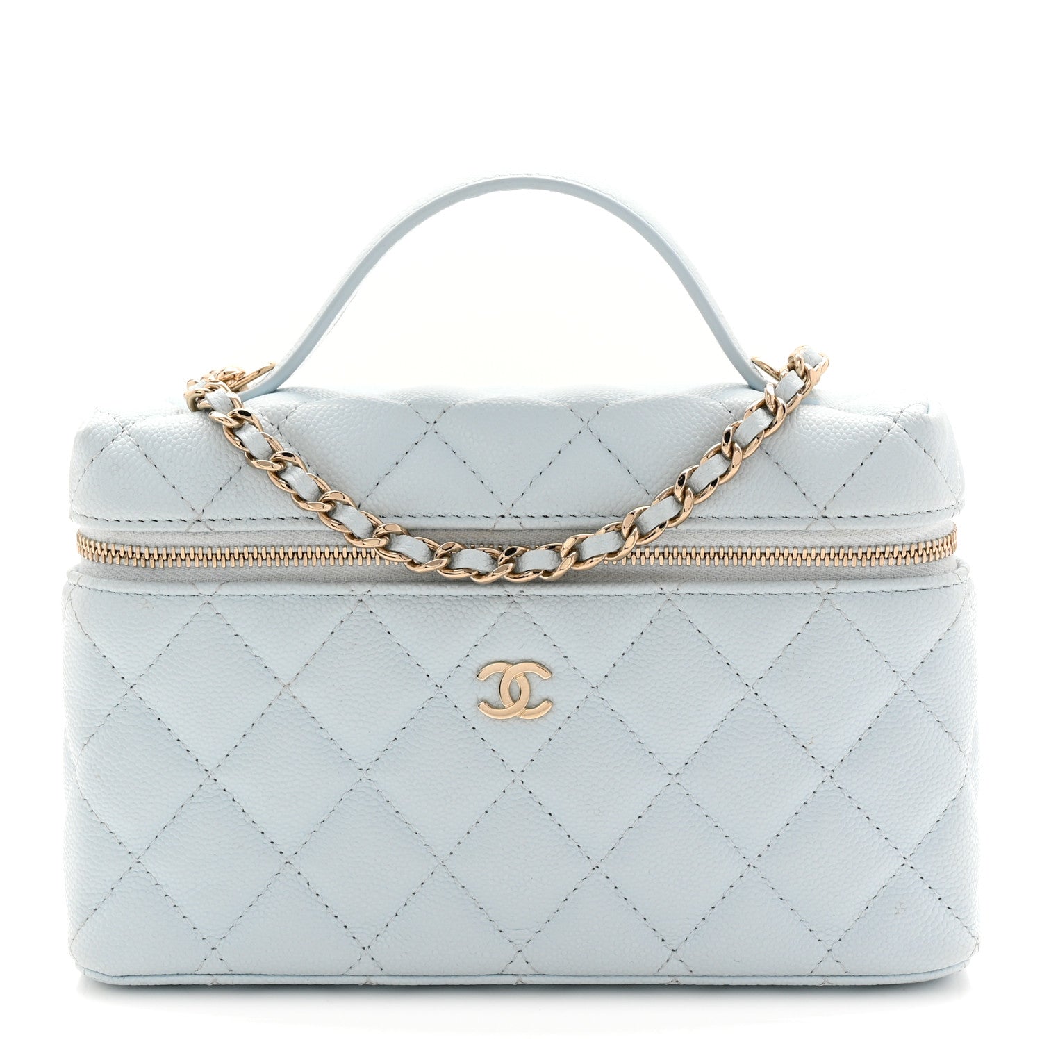 Caviar Quilted Top Handle Slim Vanity With Chain Light Blue