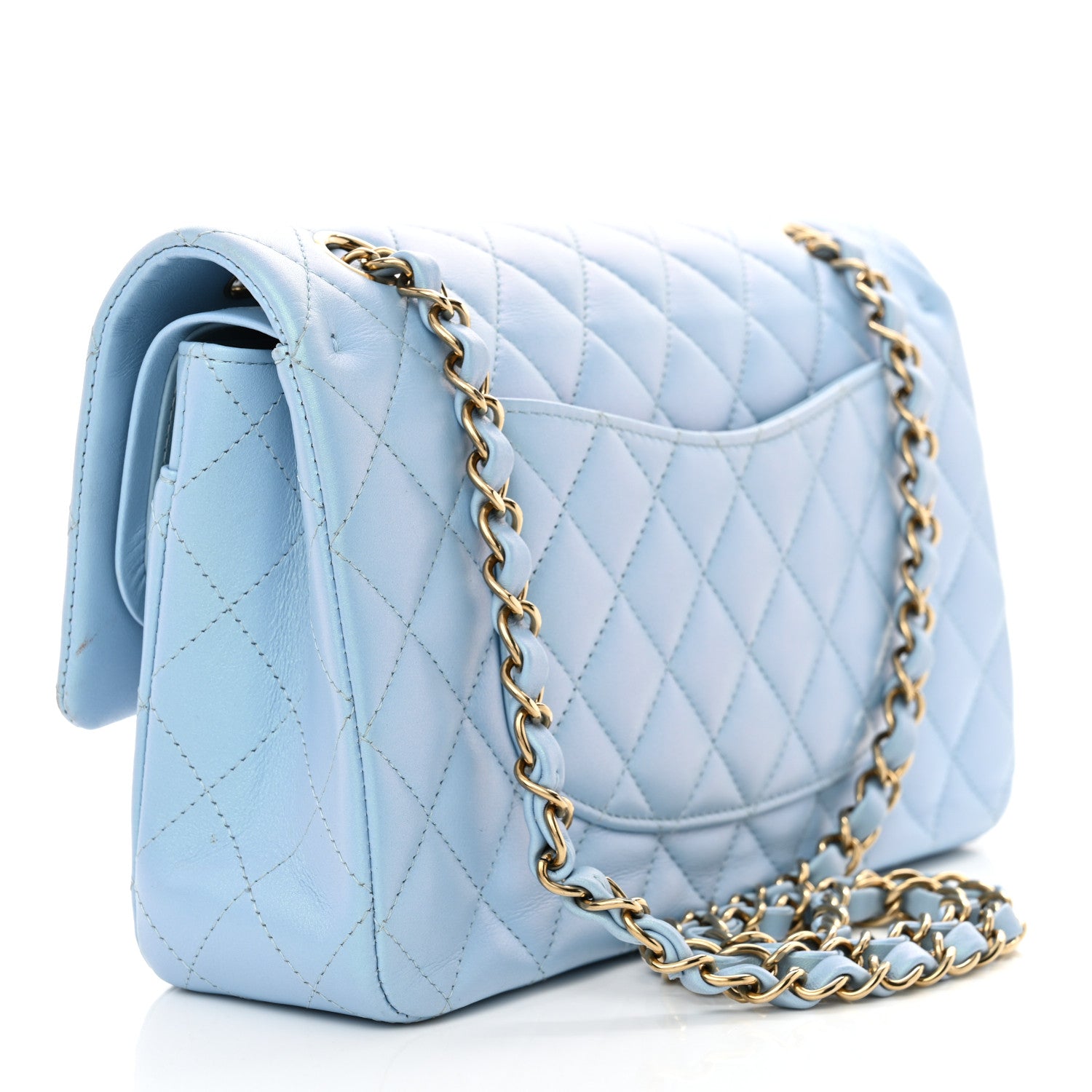 Iridescent Lambskin Quilted Medium Double Flap Light Blue